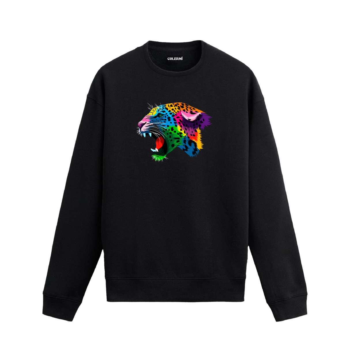 Siyah sweatshirt üzerinde renkli jaguar başı baskısı