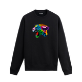 Siyah sweatshirt üzerinde renkli jaguar başı baskısı