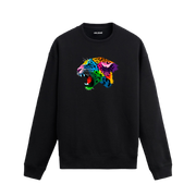 Siyah sweatshirt üzerinde renkli jaguar başı baskısı