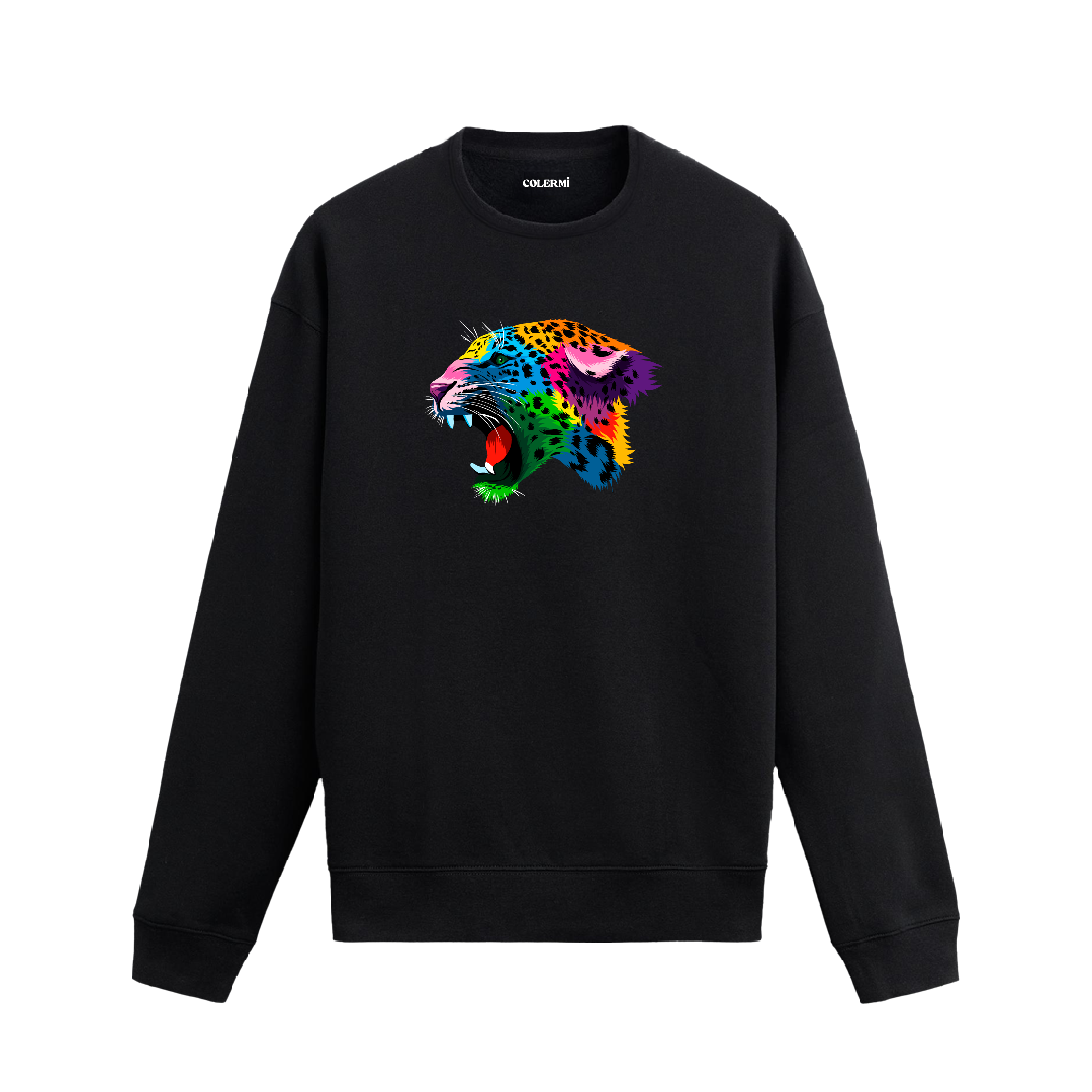 Siyah sweatshirt üzerinde renkli jaguar başı baskısı