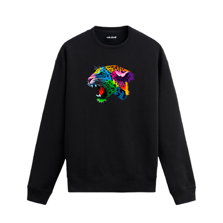 Siyah sweatshirt üzerinde renkli jaguar başı baskısı