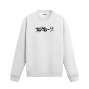 At yarışı sahnesinde dört jokeyin atlarıyla koştuğu çizimli sweatshirt tasarımı.
