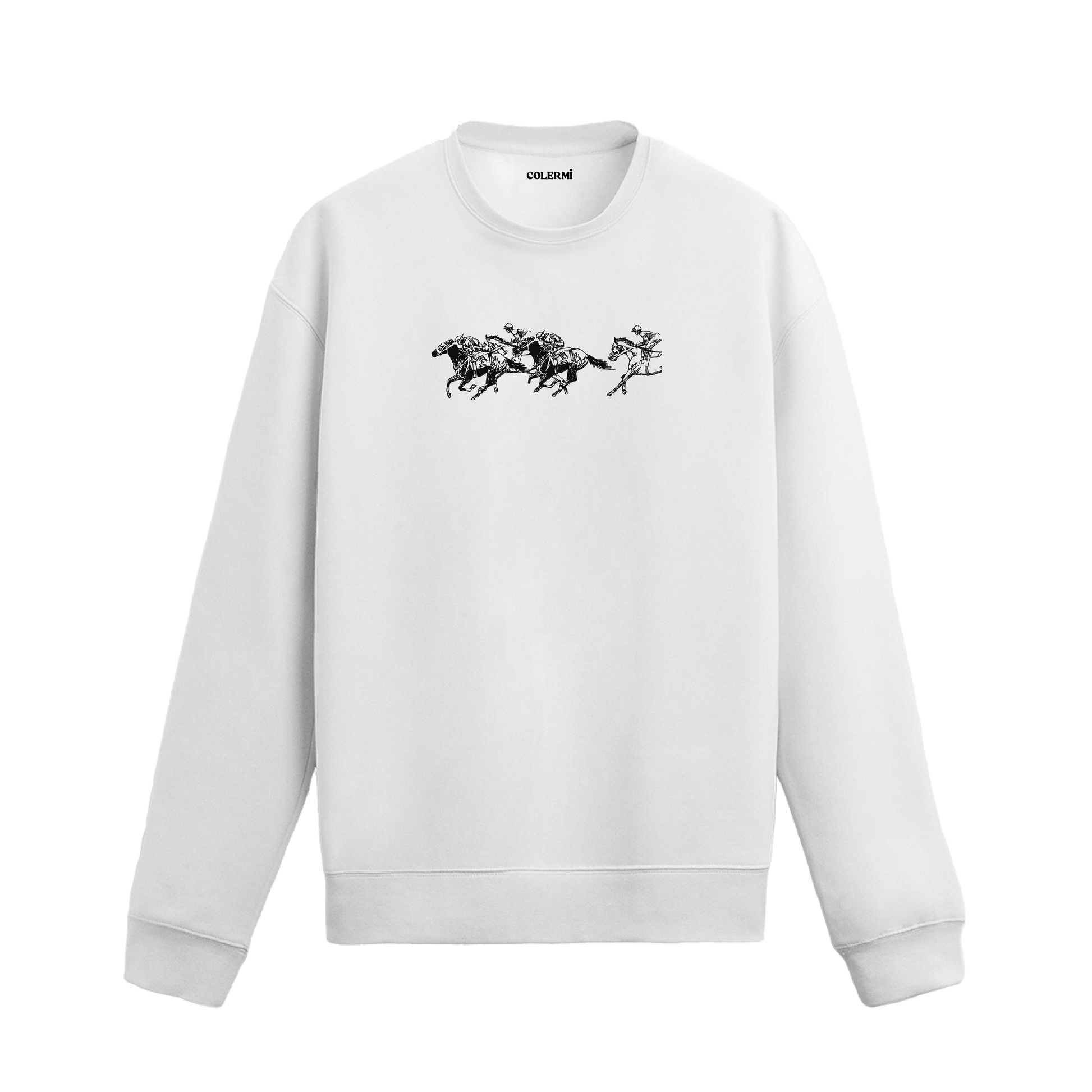 At yarışı sahnesinde dört jokeyin atlarıyla koştuğu çizimli sweatshirt tasarımı.