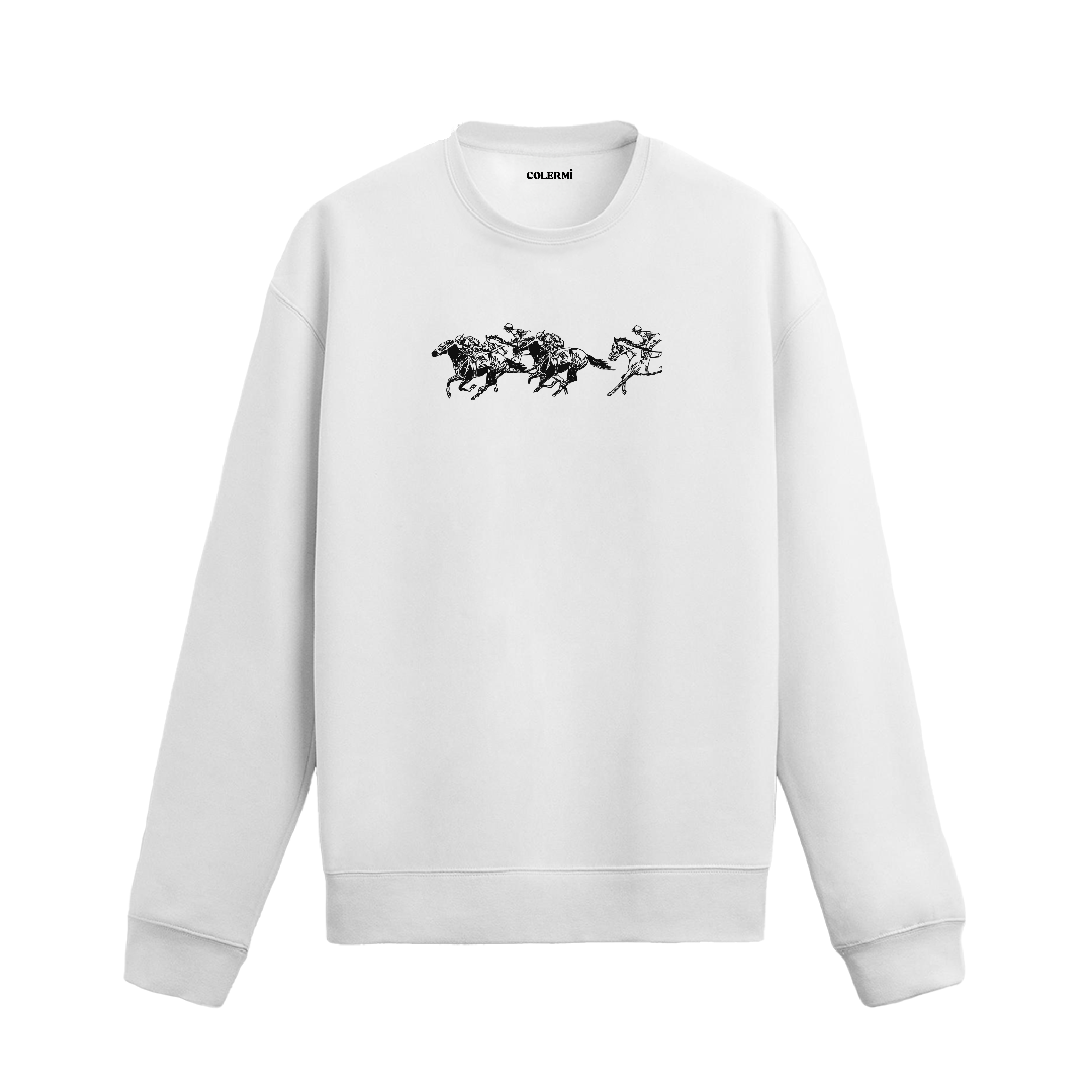 At yarışı sahnesinde dört jokeyin atlarıyla koştuğu çizimli sweatshirt tasarımı.