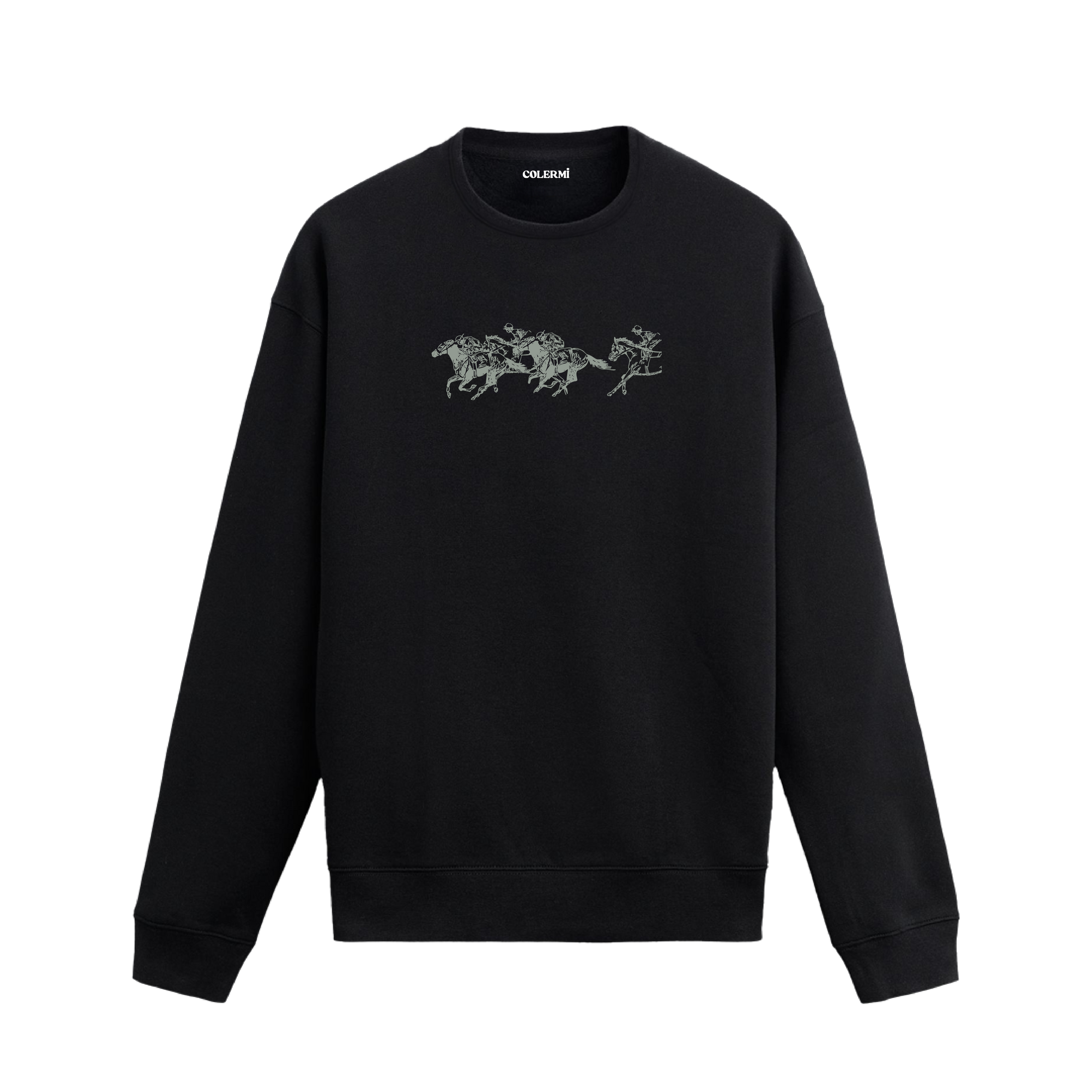 At yarışı sahnesinde dört jokeyin atlarıyla koştuğu çizimli sweatshirt tasarımı.