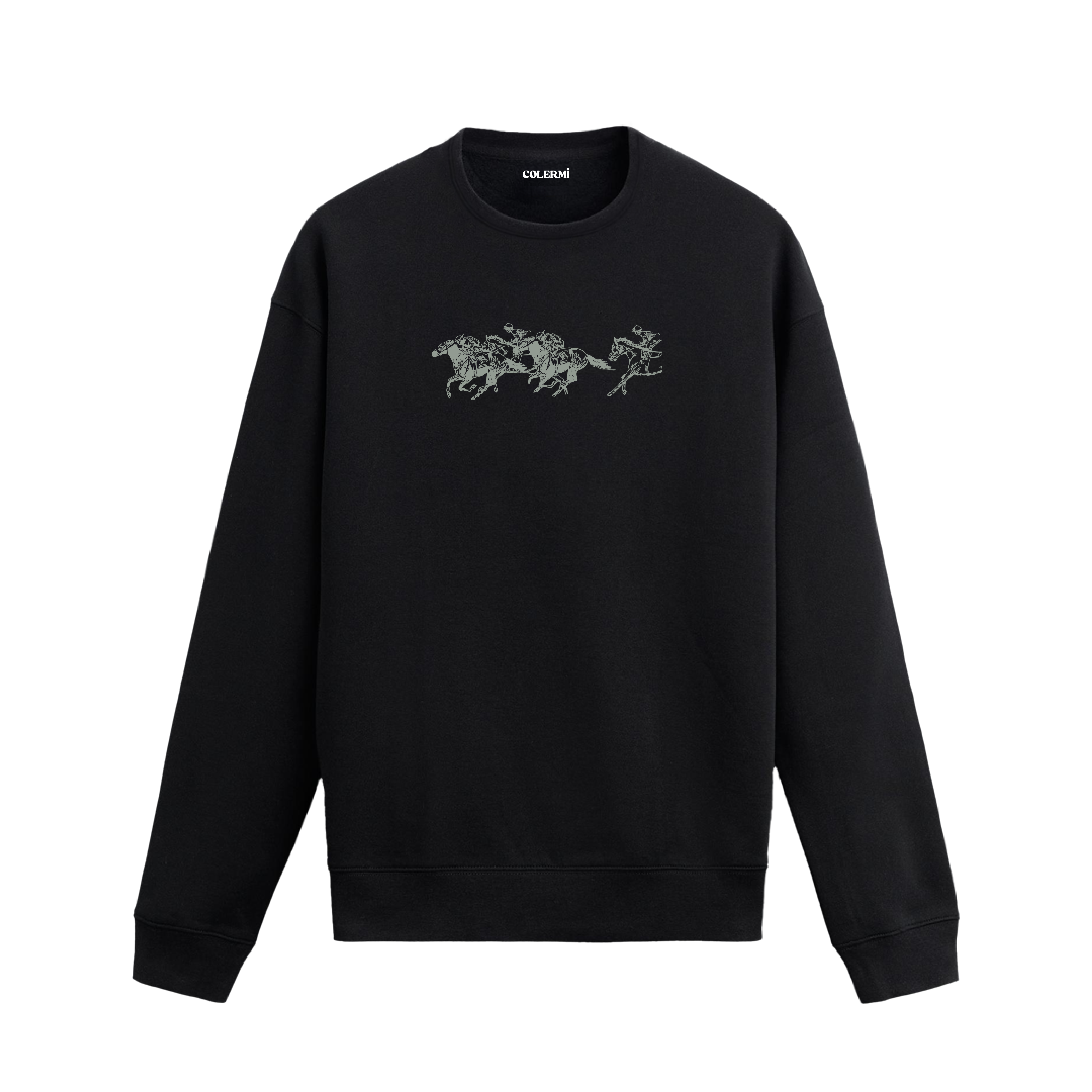 At yarışı sahnesinde dört jokeyin atlarıyla koştuğu çizimli sweatshirt tasarımı.