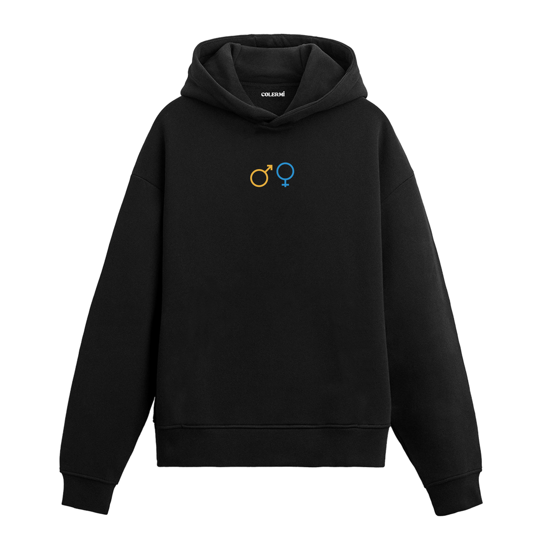 Siyah hoodie üzerinde kadın ve erkek sembolleri baskısı