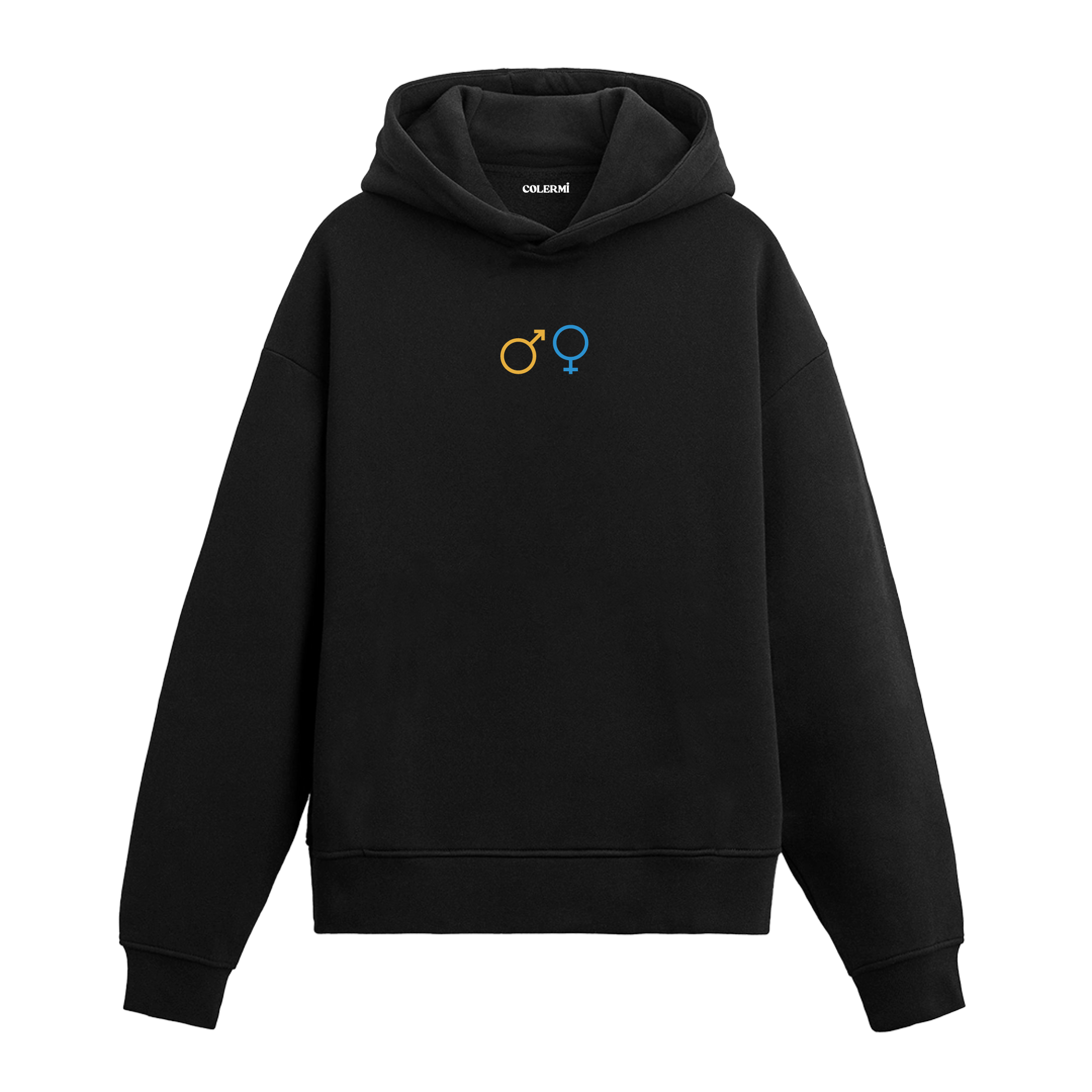 Siyah hoodie üzerinde kadın ve erkek sembolleri baskısı
