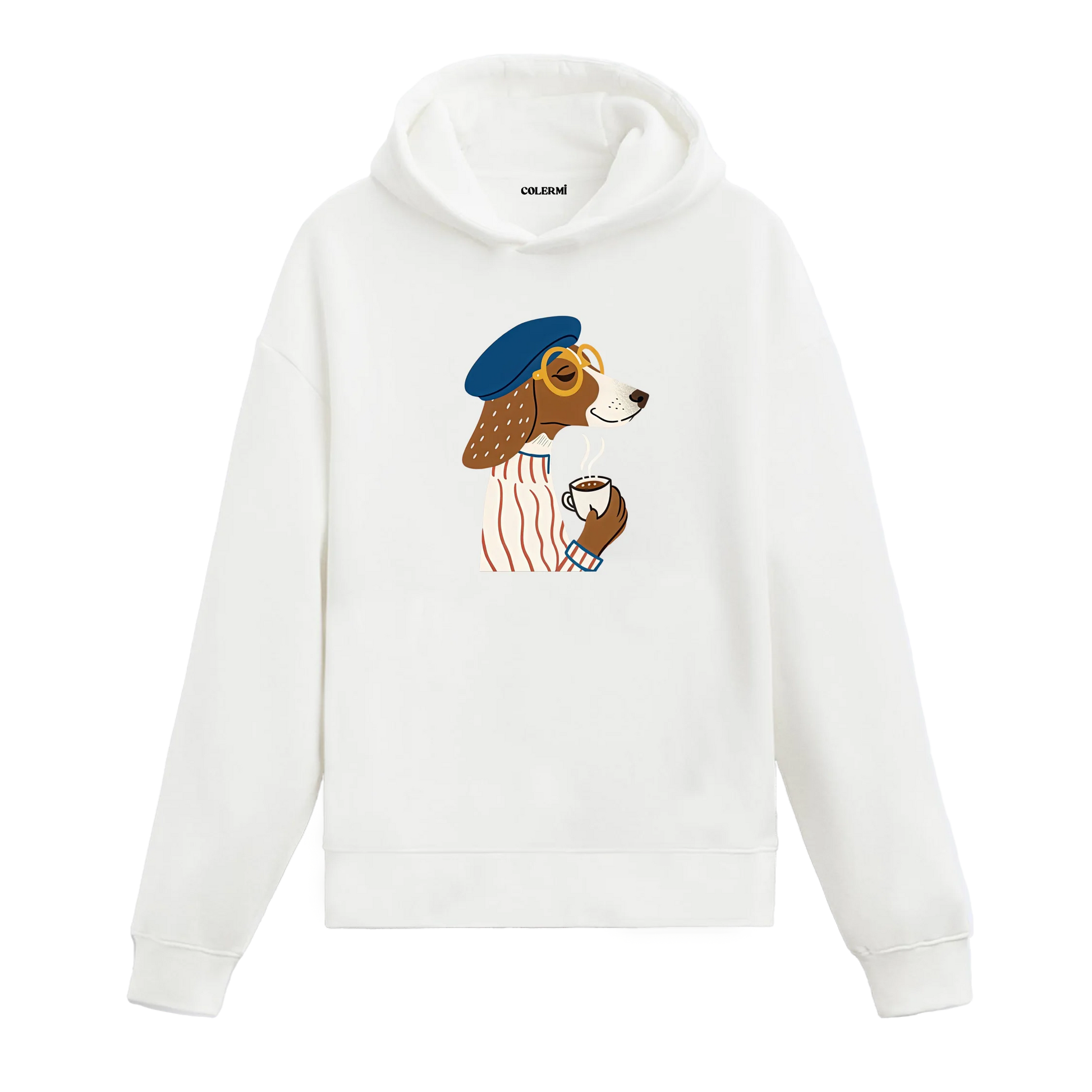 Kahve temalı köpek tasarımlı kapüşonlu beyaz sweatshirt ön görünüm
