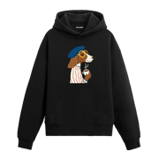 Kahve temalı köpek tasarımlı kapüşonlu siyah sweatshirt ön görünüm
