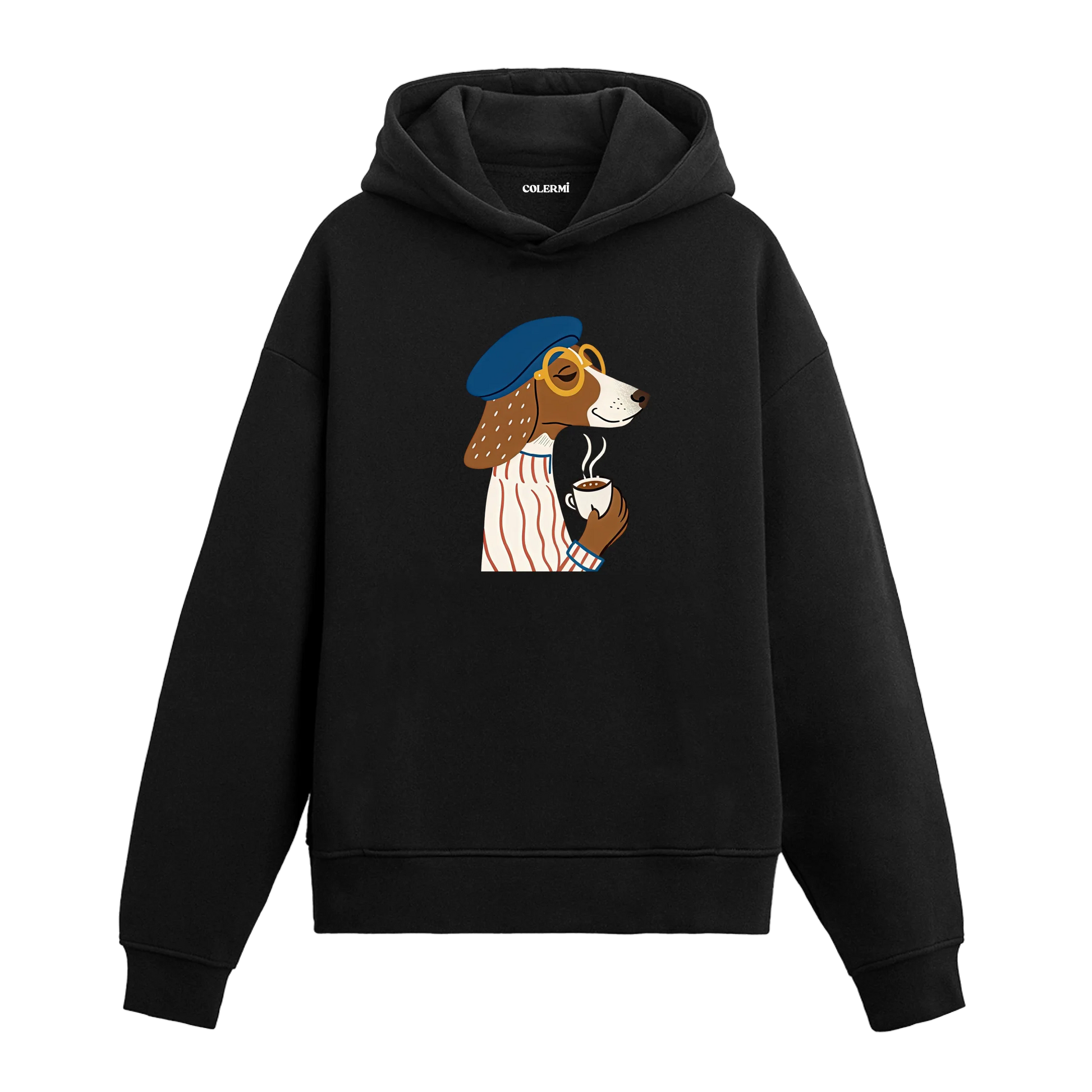 Kahve temalı köpek tasarımlı kapüşonlu siyah sweatshirt ön görünüm
