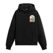 Siyah hoodie üzerinde kaktüs ve çöl manzaralı tasarım