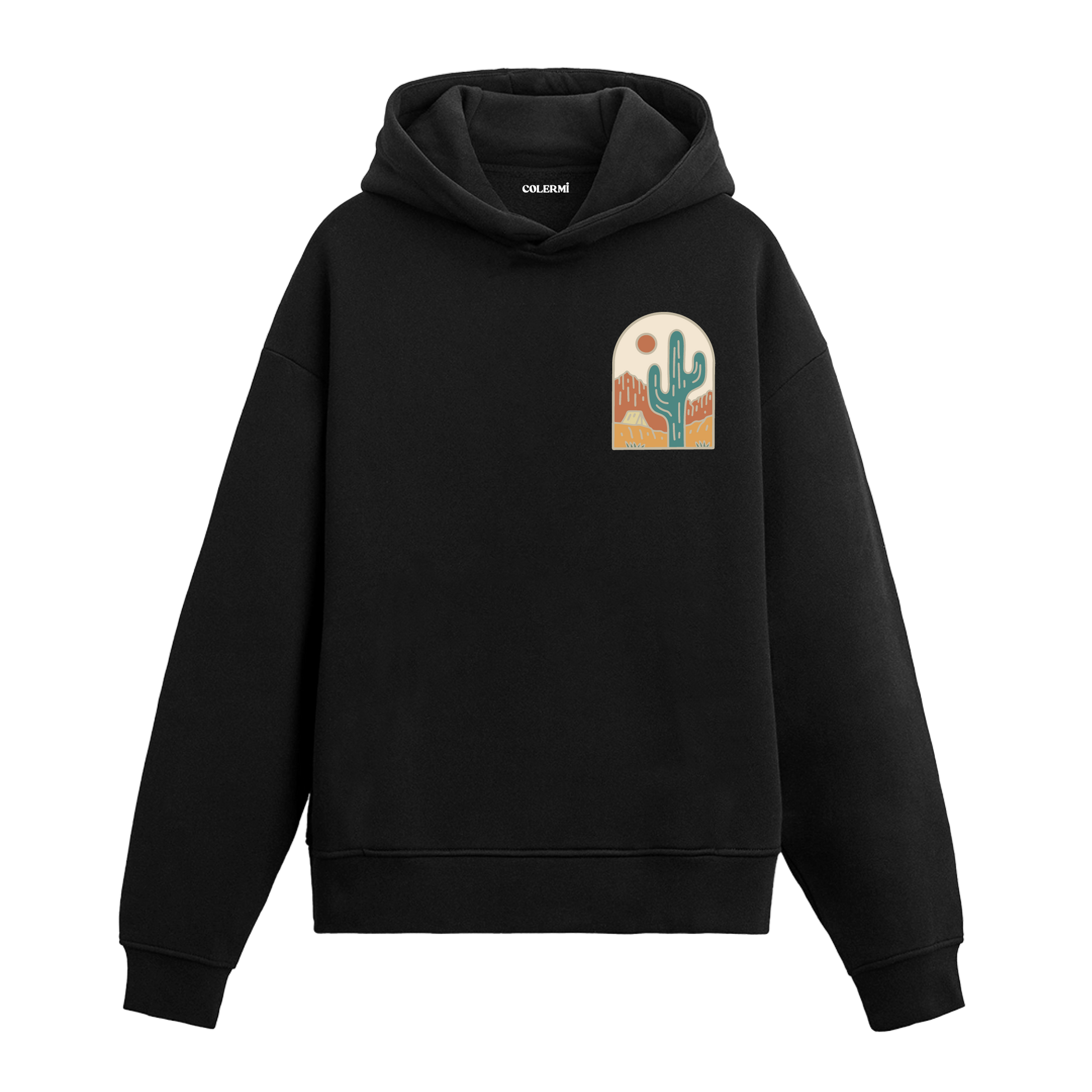 Siyah hoodie üzerinde kaktüs ve çöl manzaralı tasarım