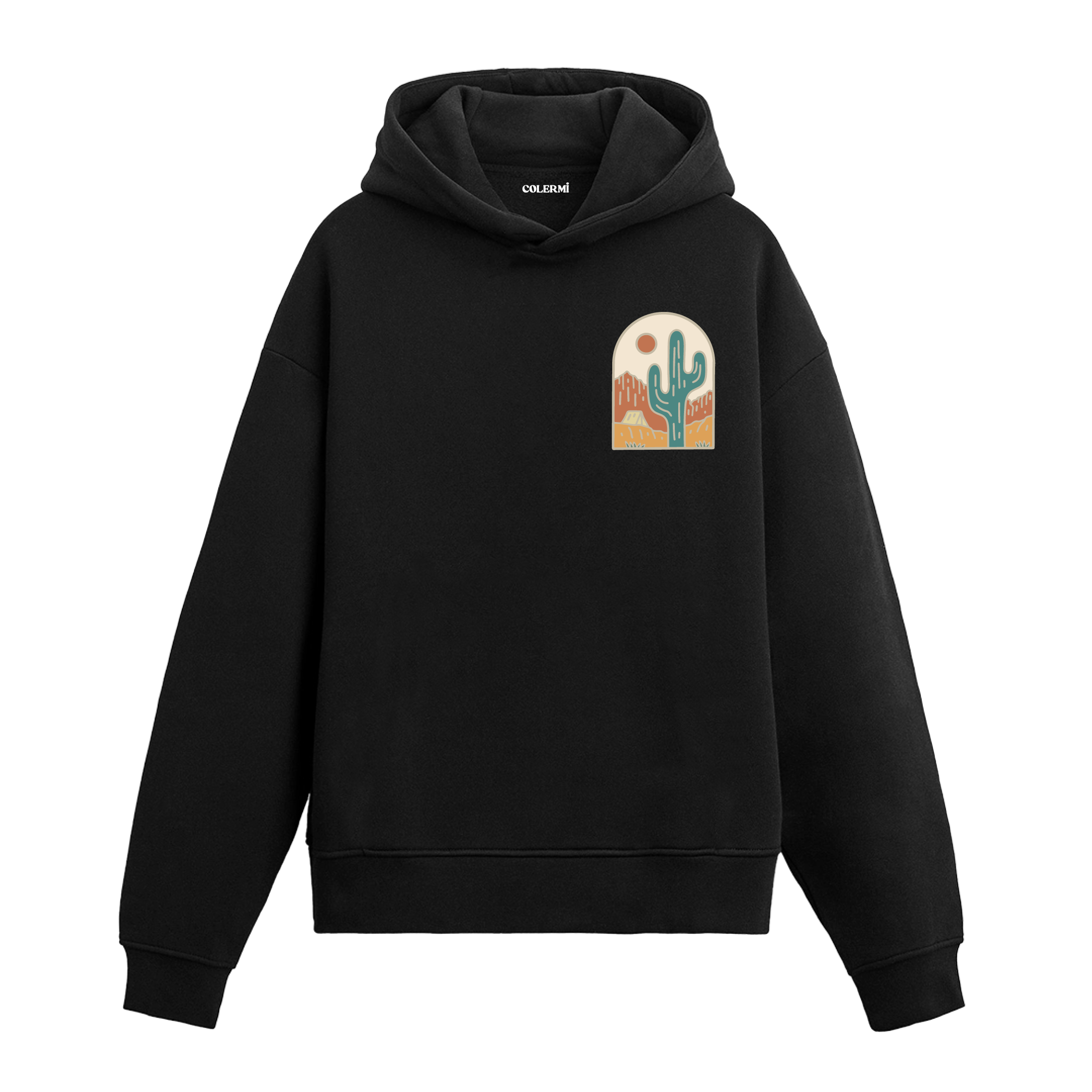 Siyah hoodie üzerinde kaktüs ve çöl manzaralı tasarım