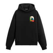 Siyah hoodie üzerinde çadır ve dağ manzaralı tasarım