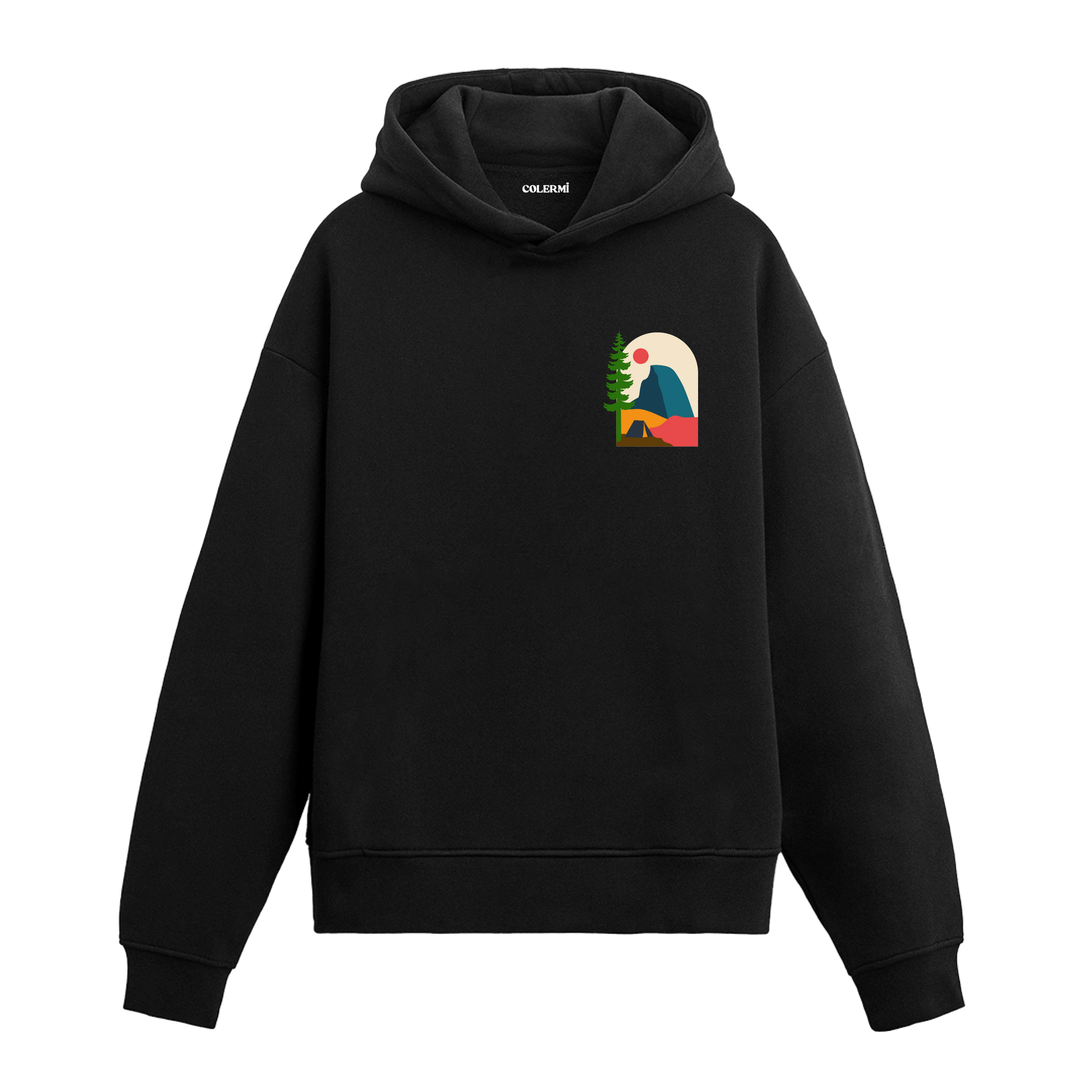 Siyah hoodie üzerinde çadır ve dağ manzaralı tasarım