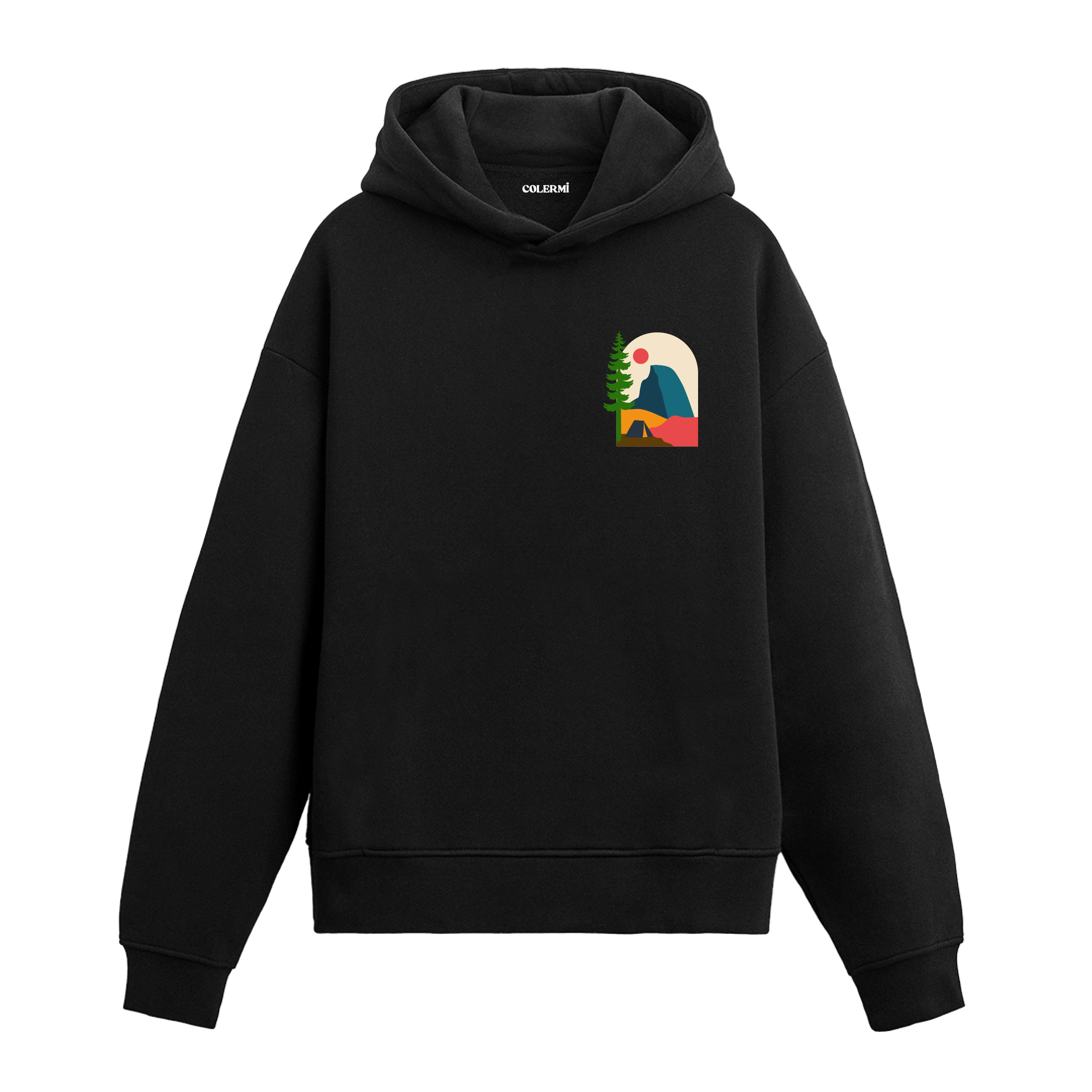 Siyah hoodie üzerinde çadır ve dağ manzaralı tasarım