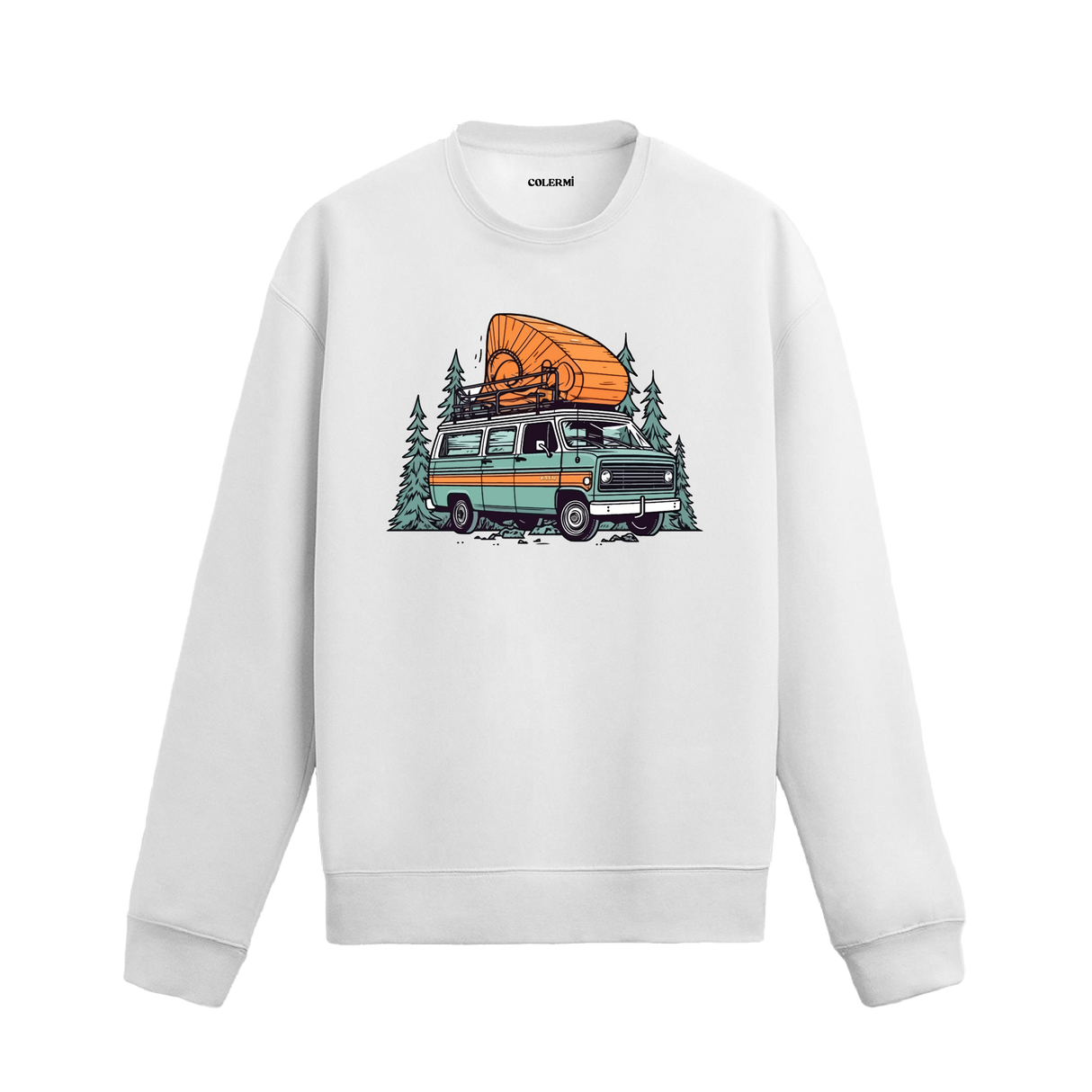 Orman fonunda karavan, bisiklet ve kano tasarımlı siyah sweatshirt.