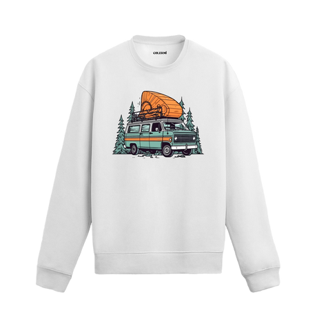 Orman fonunda karavan, bisiklet ve kano tasarımlı siyah sweatshirt.