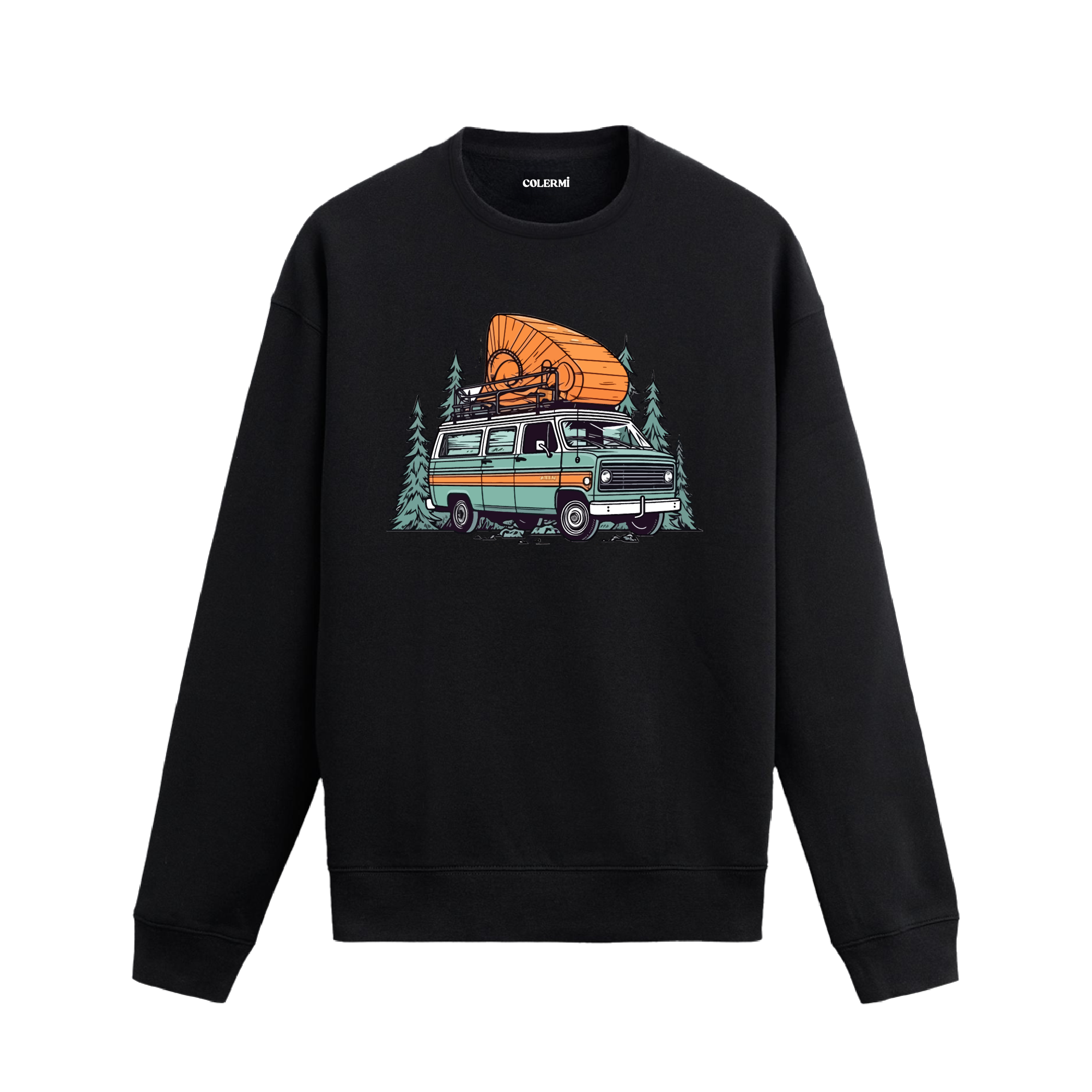 Orman fonunda karavan, bisiklet ve kano tasarımlı siyah sweatshirt.