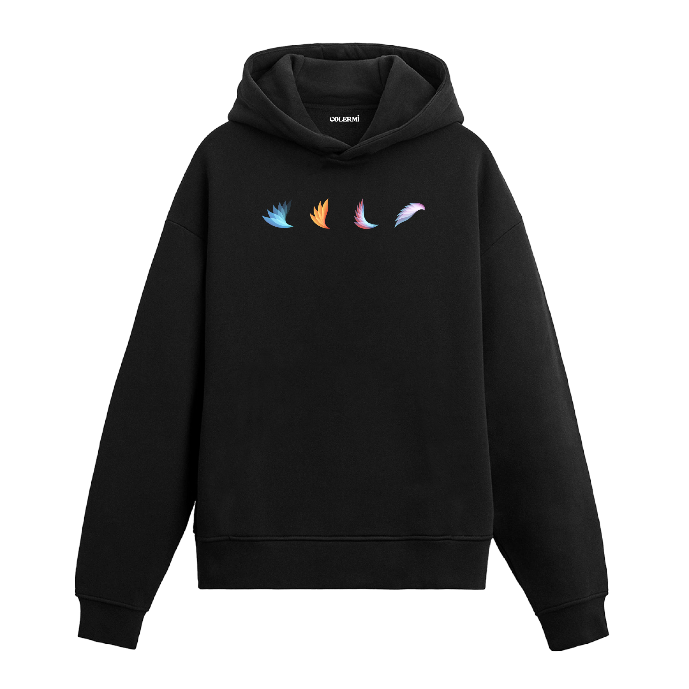 Siyah hoodie üzerinde dört renkli kanat baskısı