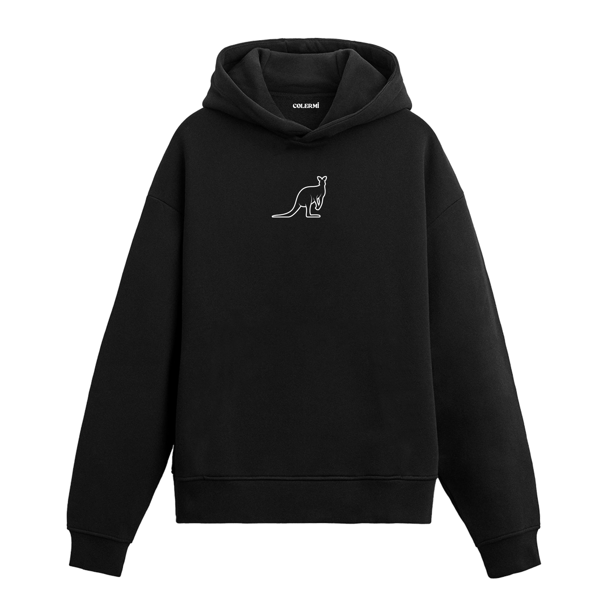 Siyah hoodie, minimalist kanguru baskısı, unisex pamuklu hoodie