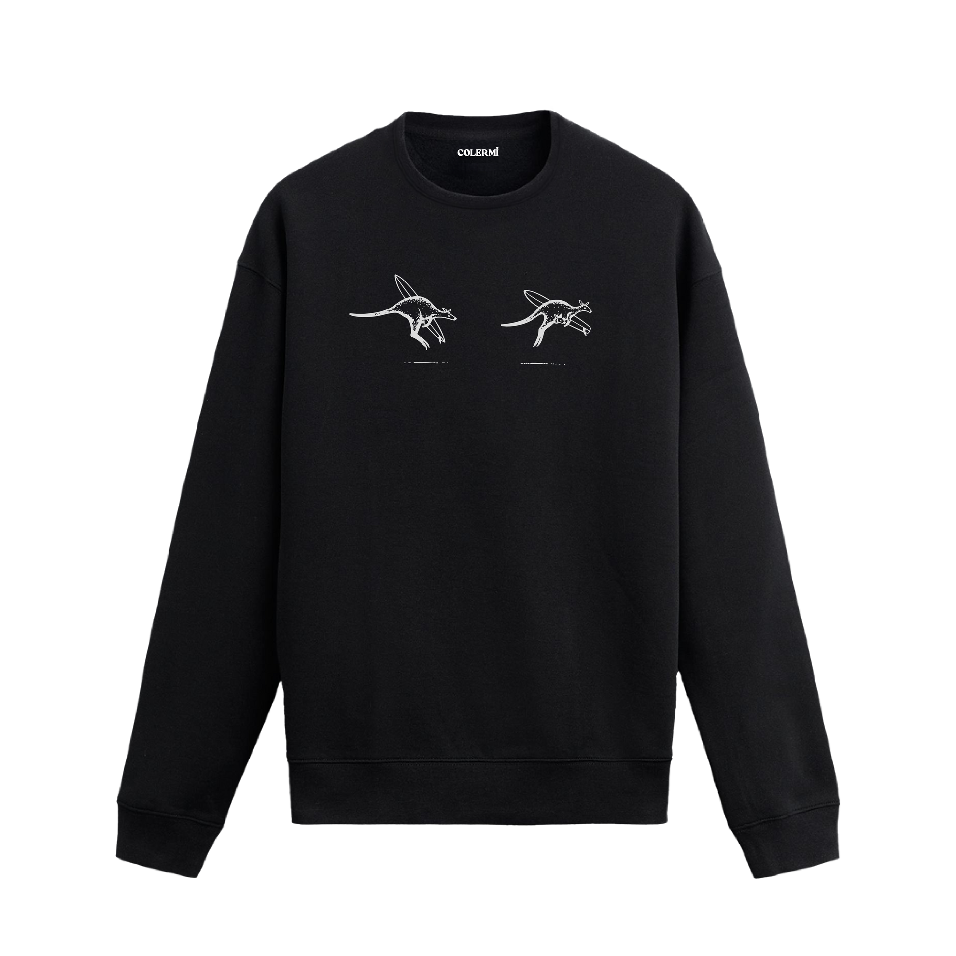 Sörf tahtası taşıyan kangurular ve yavru kangurulu sahneye sahip Colermi sweatshirt.