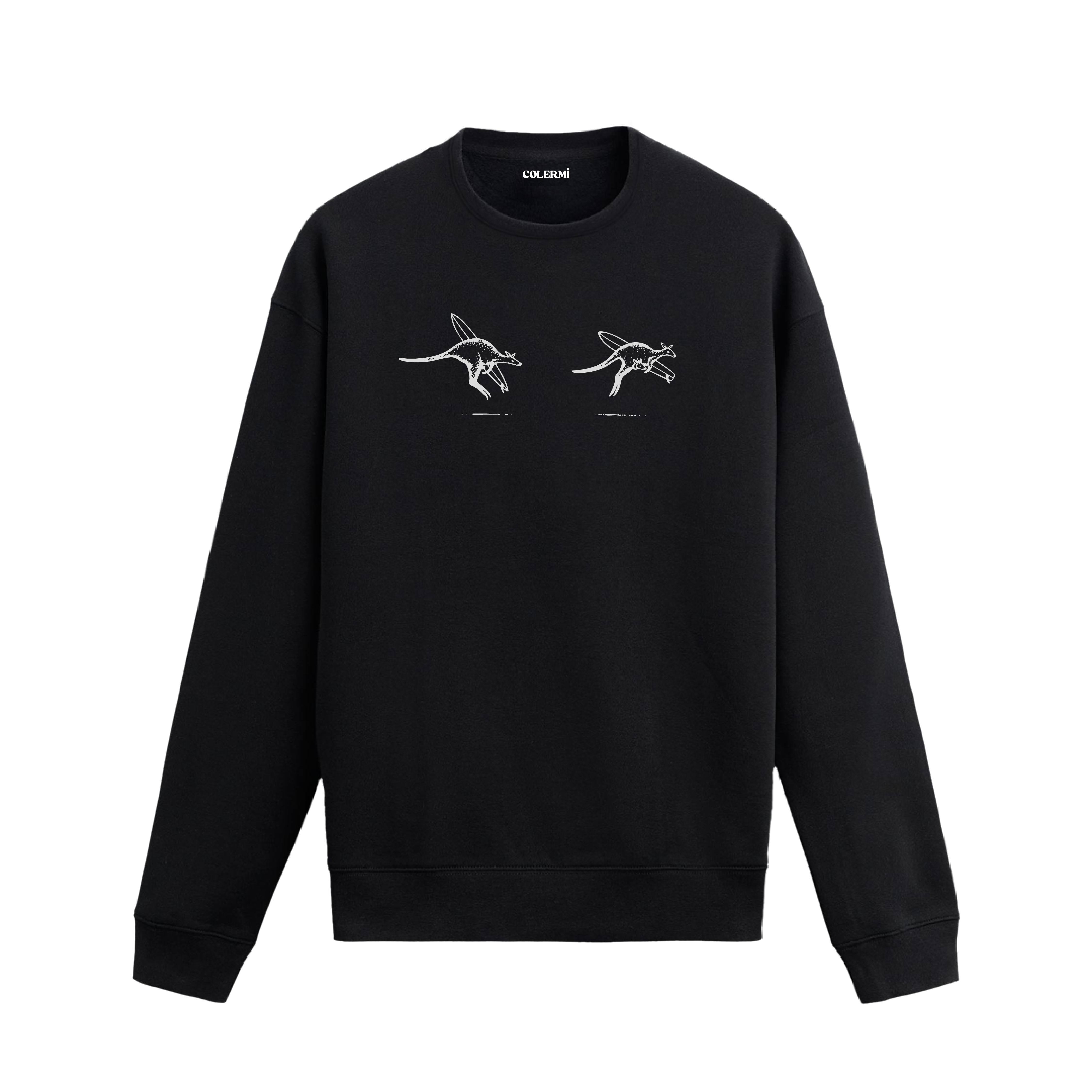 Sörf tahtası taşıyan kangurular ve yavru kangurulu sahneye sahip Colermi sweatshirt.