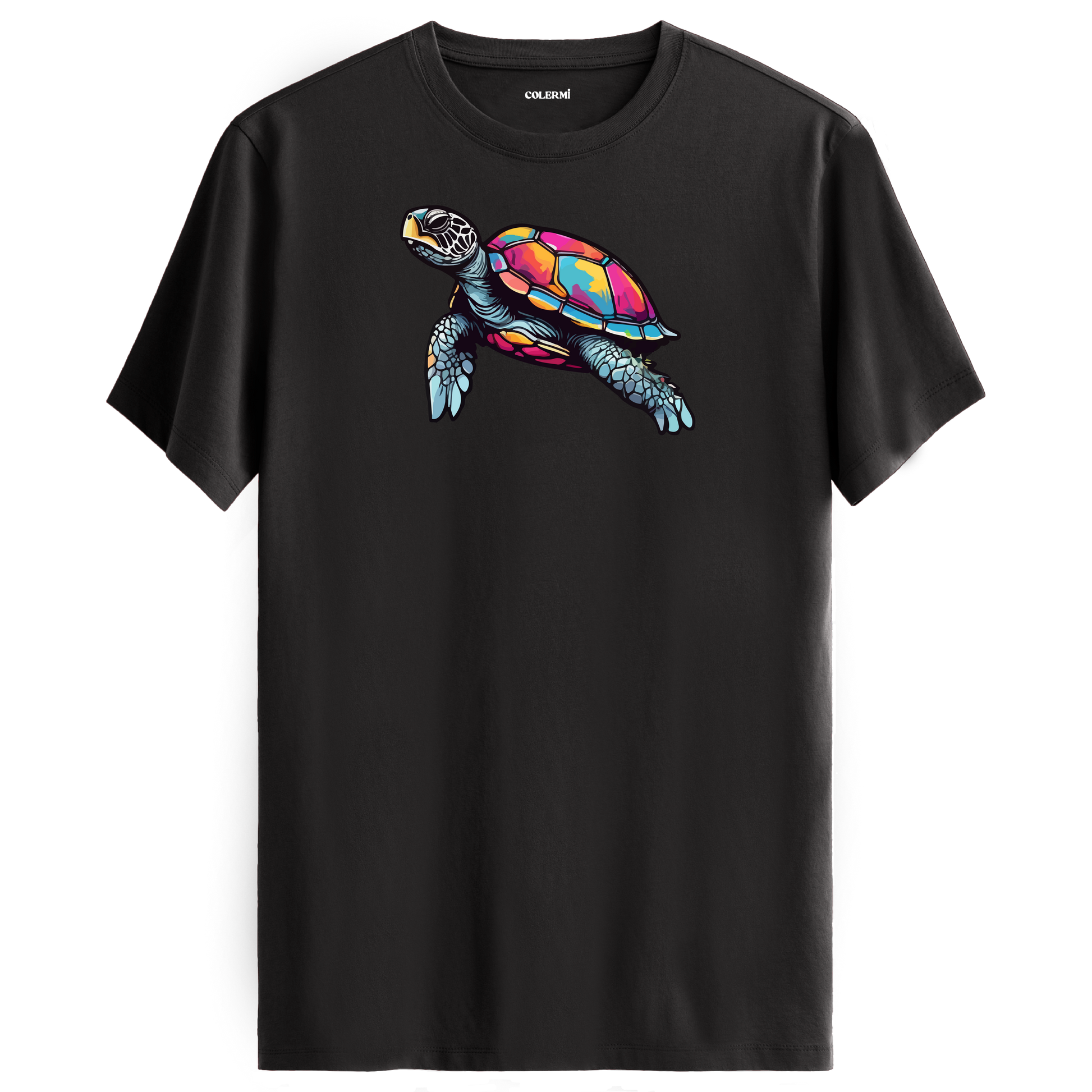 Antrasit tişört üzerinde renkli kaplumbağa tasarımı