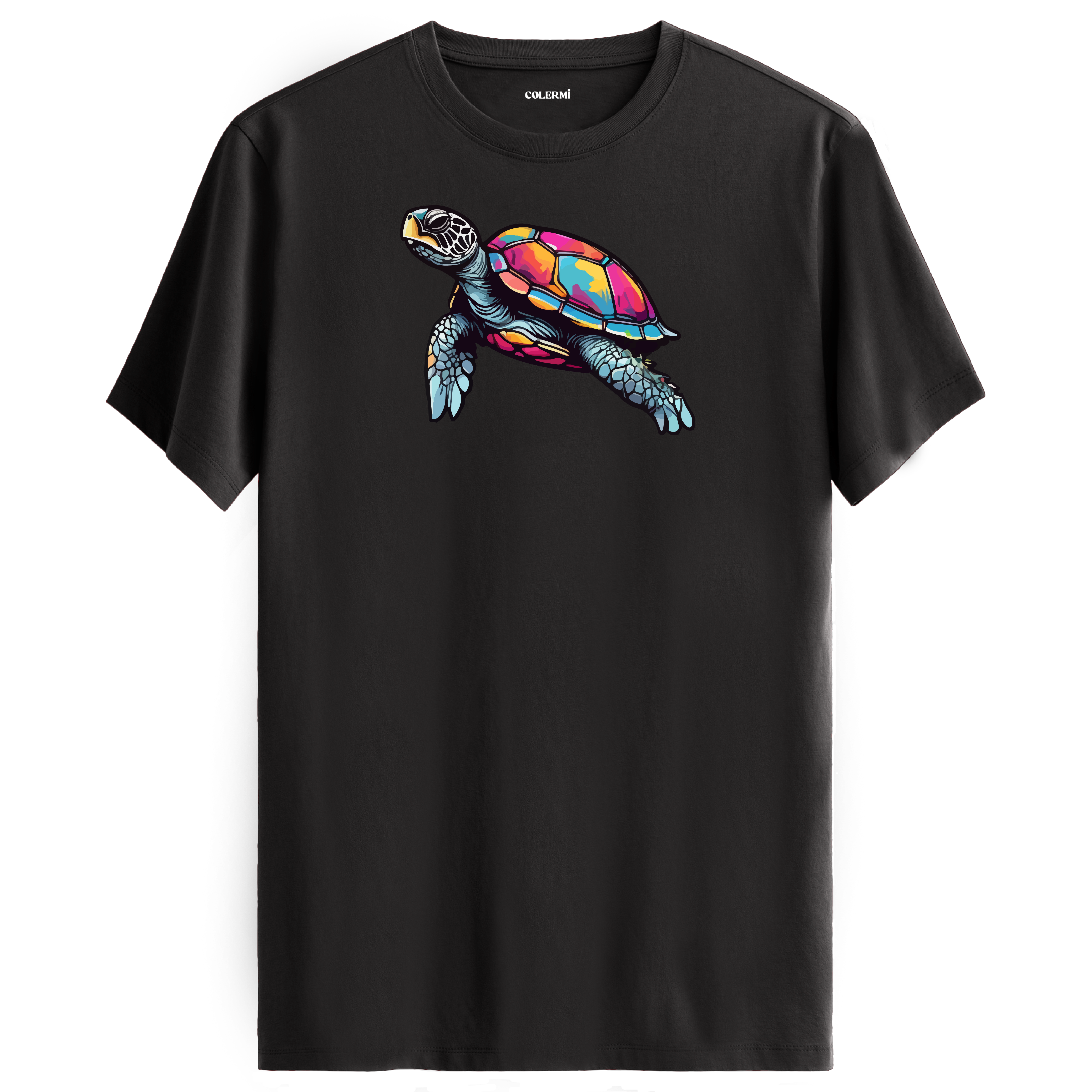 Antrasit tişört üzerinde renkli kaplumbağa tasarımı