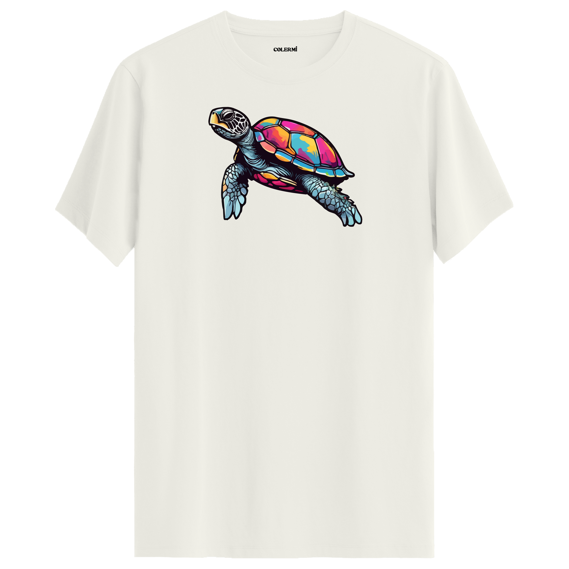 Ekru tişört üzerinde renkli kaplumbağa tasarımı