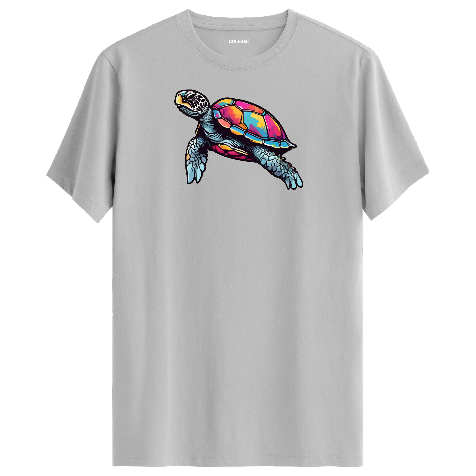 Gri tişört üzerinde renkli kaplumbağa tasarımı