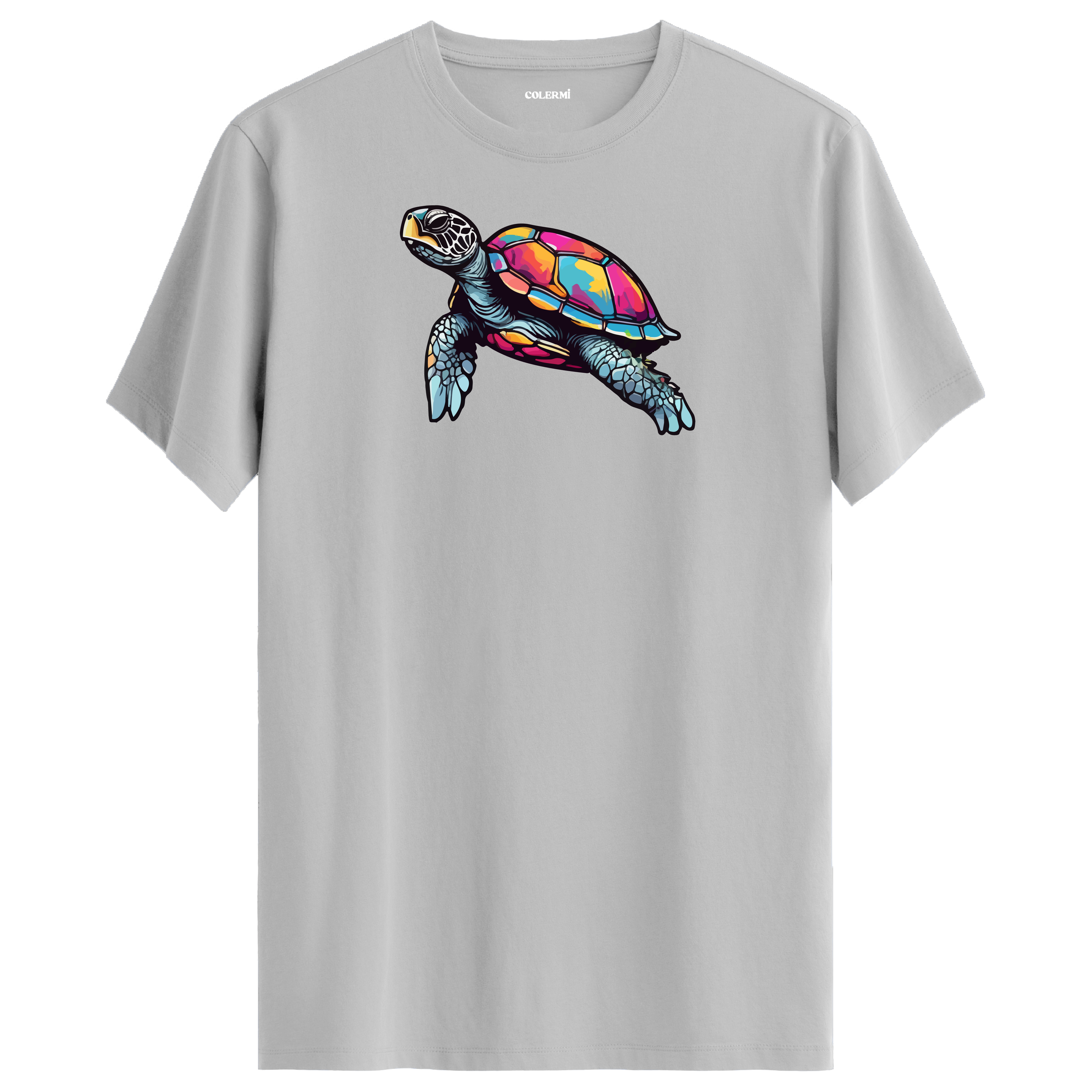 Gri tişört üzerinde renkli kaplumbağa tasarımı