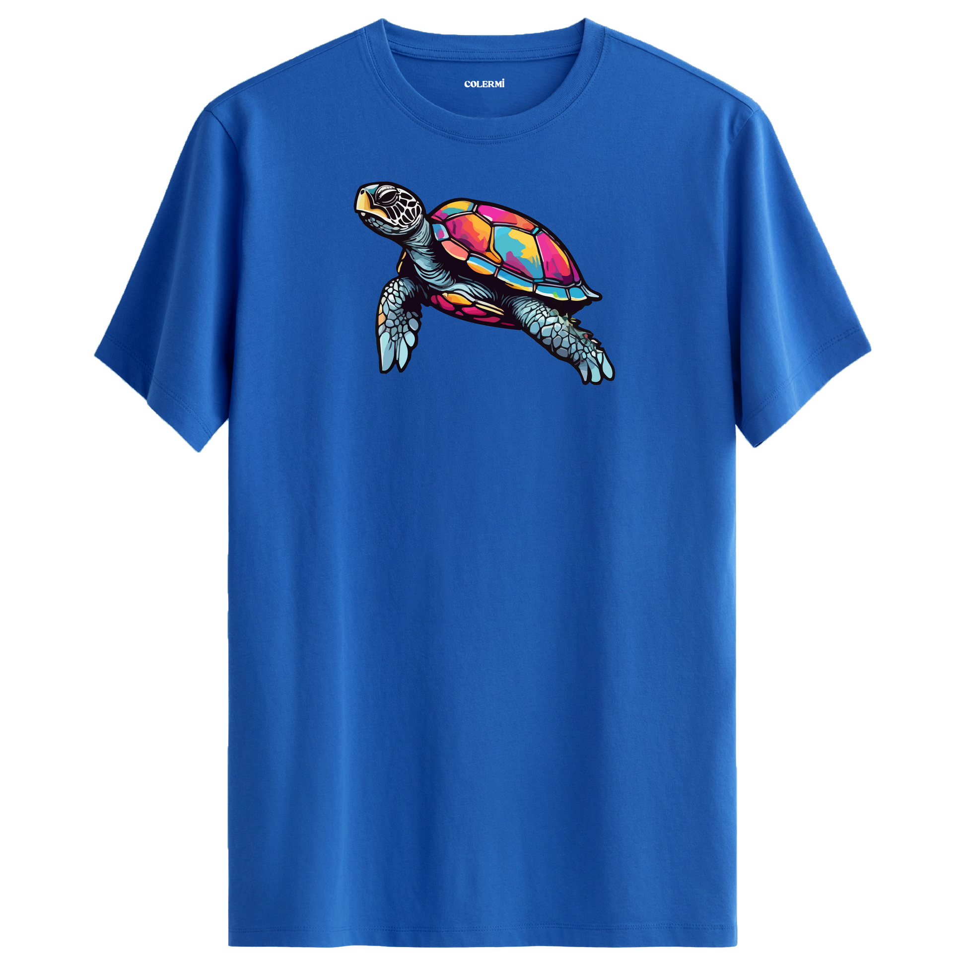 Mavi tişört üzerinde renkli kaplumbağa tasarımı