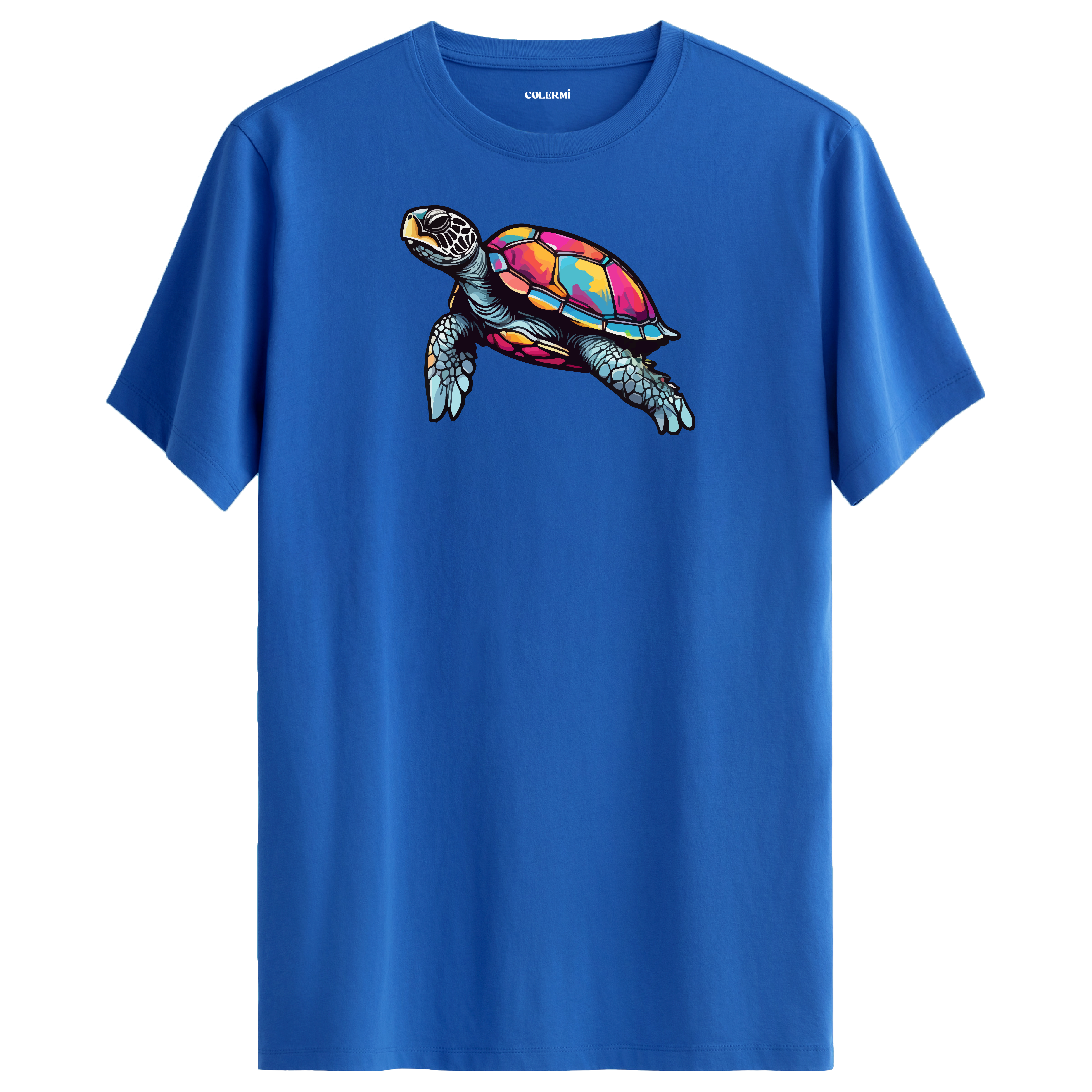 Mavi tişört üzerinde renkli kaplumbağa tasarımı