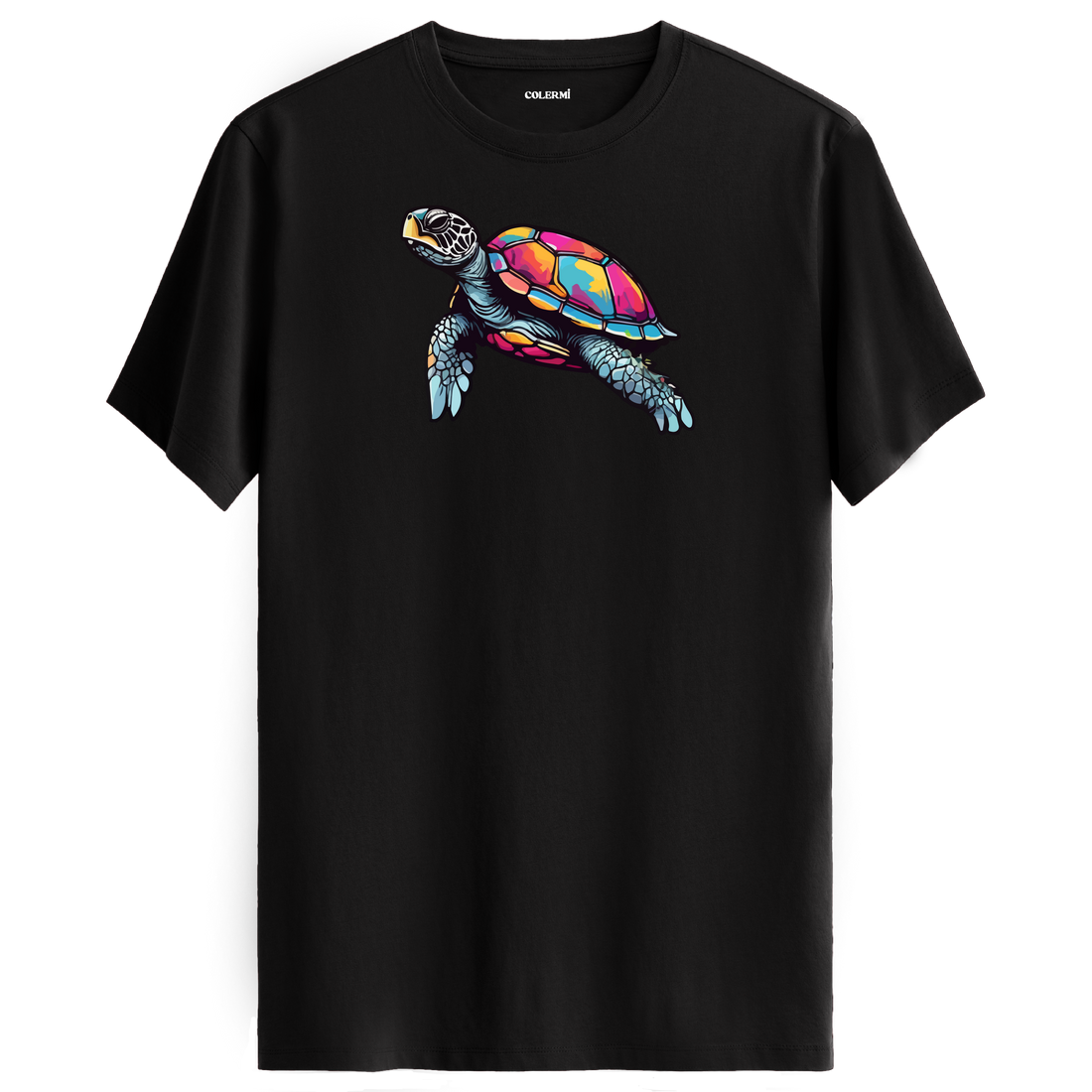 Siyah tişört üzerinde renkli kaplumbağa tasarımı