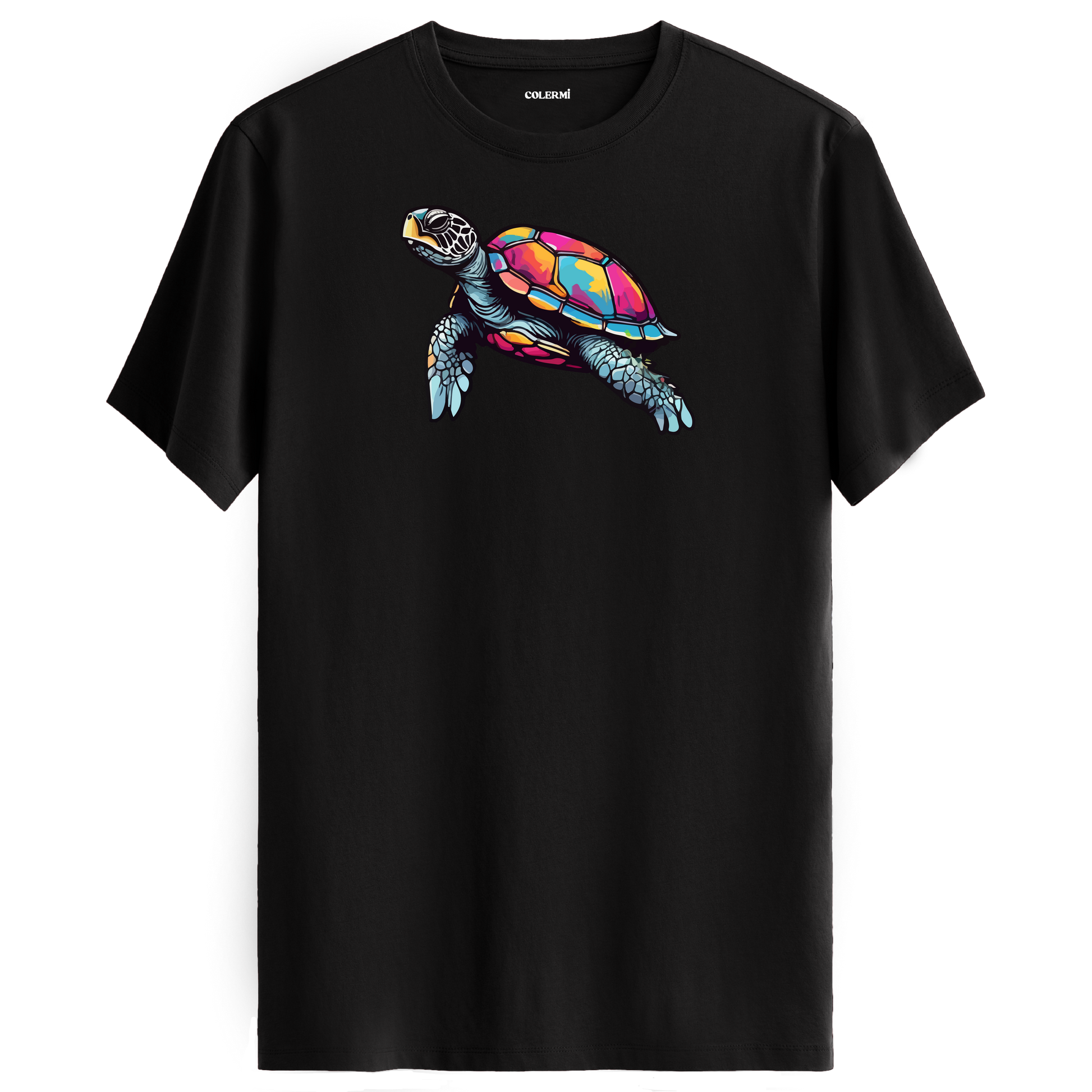 Siyah tişört üzerinde renkli kaplumbağa tasarımı