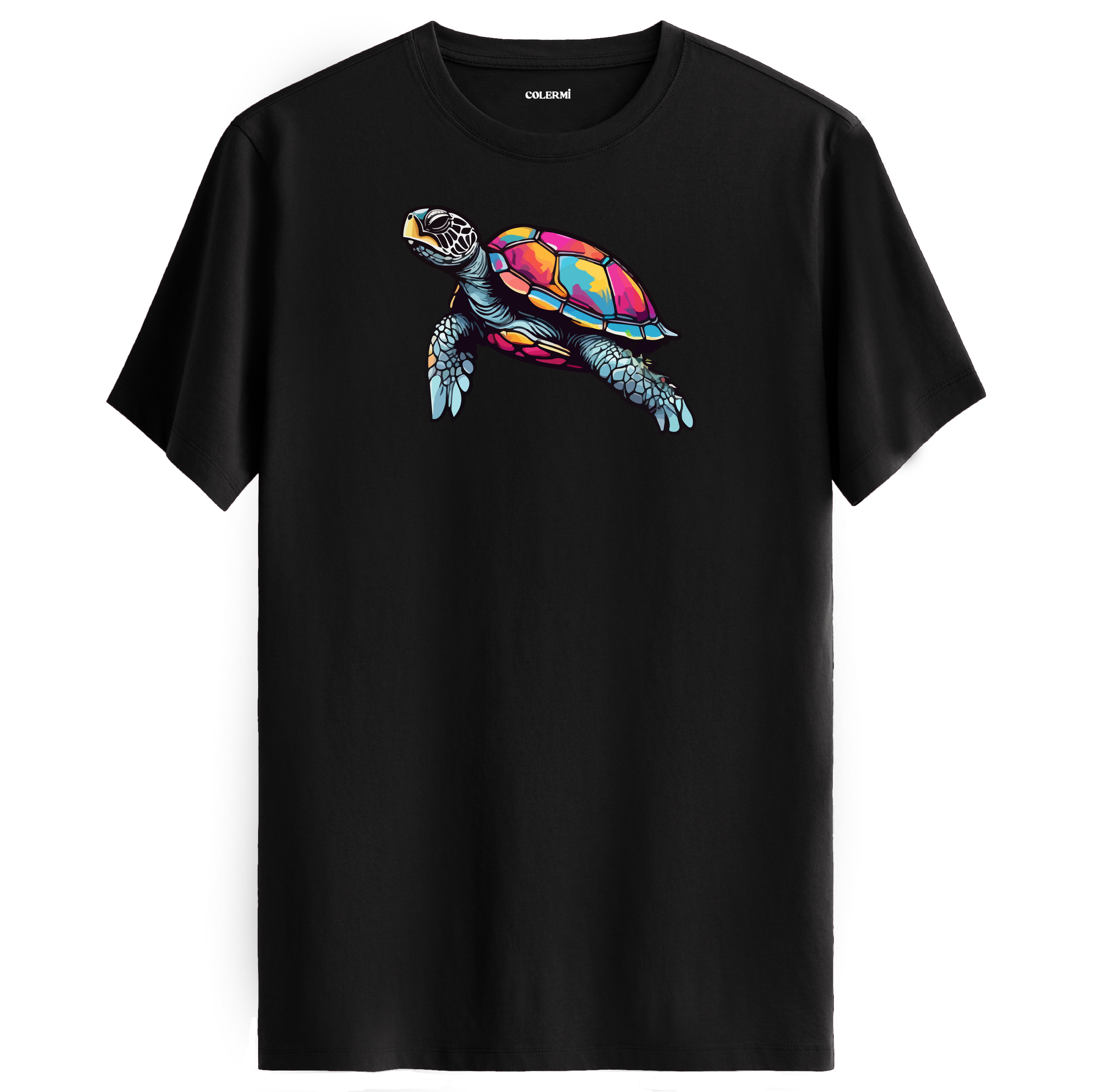 Siyah tişört üzerinde renkli kaplumbağa tasarımı