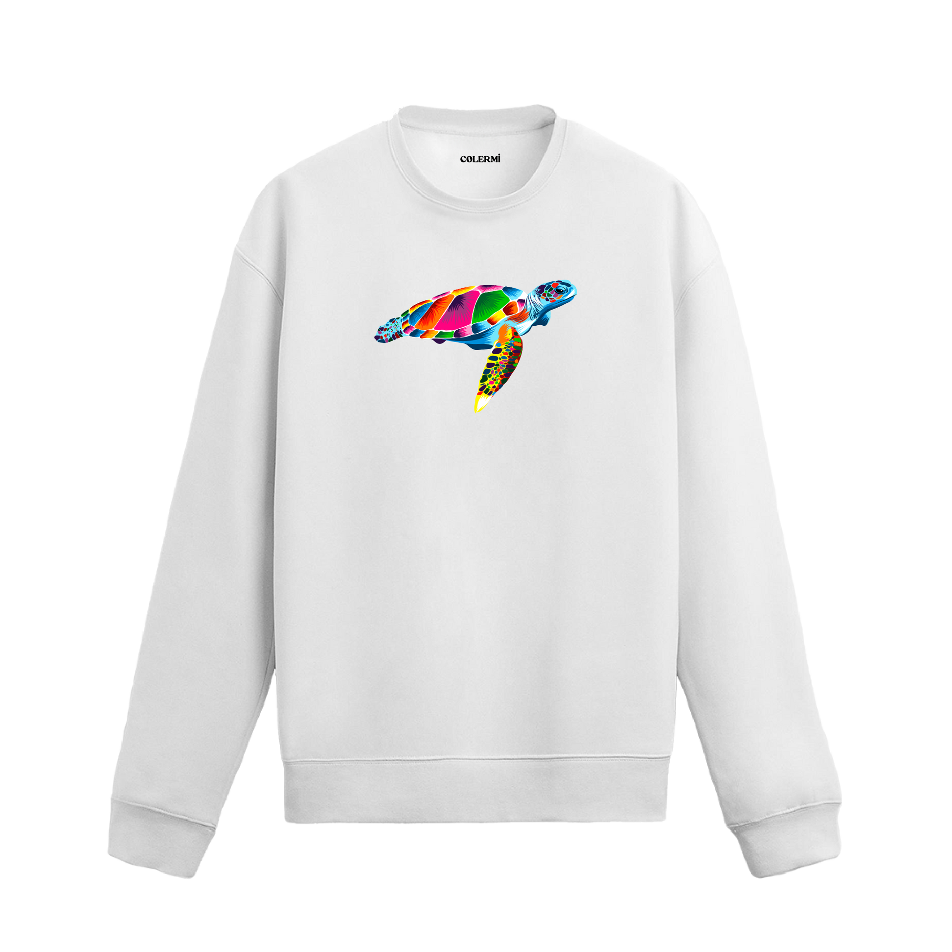 beyaz sweatshirt üzerinde rengarenk kaplumbağa tasarımı.
