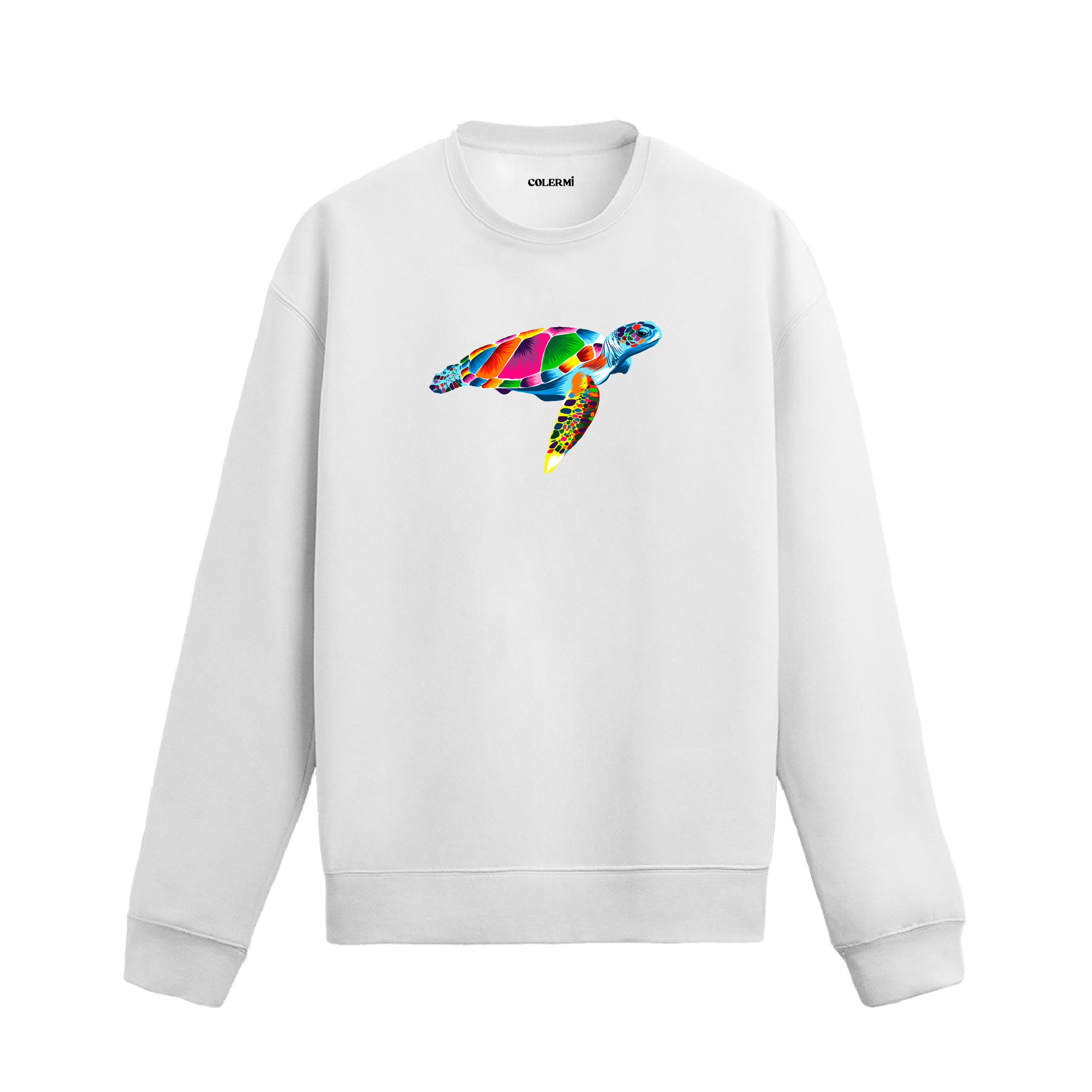 beyaz sweatshirt üzerinde rengarenk kaplumbağa tasarımı.