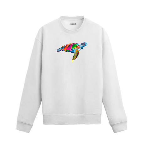beyaz sweatshirt üzerinde rengarenk kaplumbağa tasarımı.