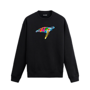 Siyah sweatshirt üzerinde rengarenk kaplumbağa tasarımı.