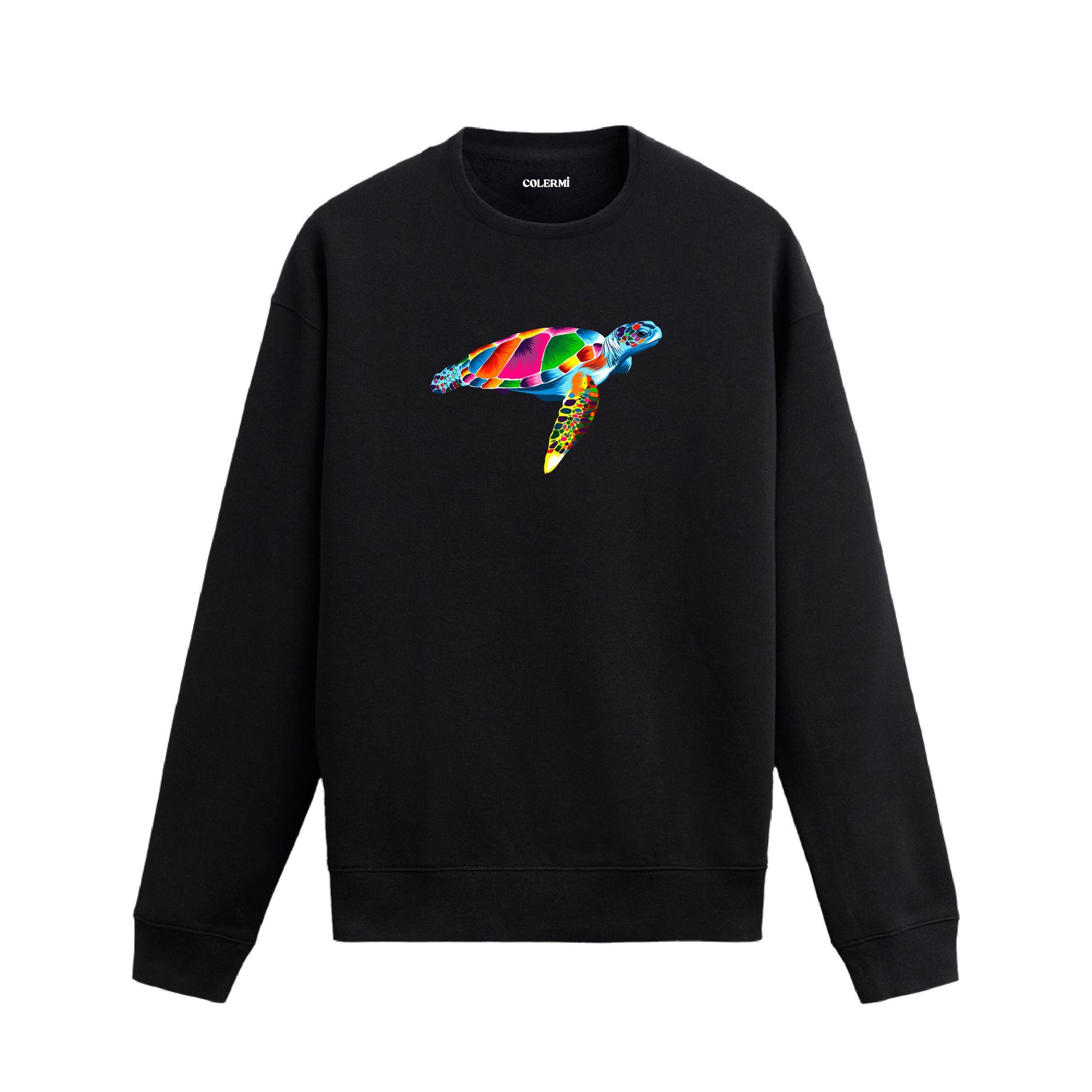 Siyah sweatshirt üzerinde rengarenk kaplumbağa tasarımı.