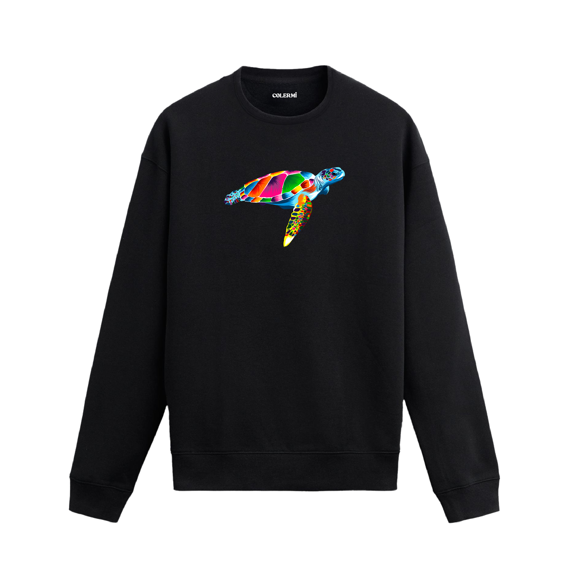 Siyah sweatshirt üzerinde rengarenk kaplumbağa tasarımı.