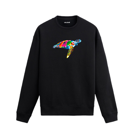 Siyah sweatshirt üzerinde rengarenk kaplumbağa tasarımı.