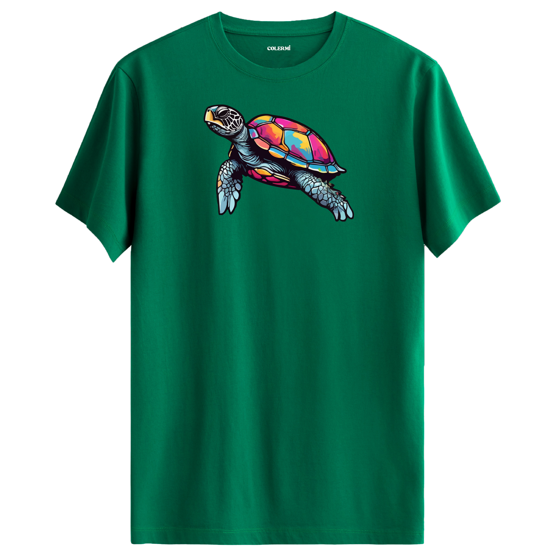 Yeşil tişört üzerinde renkli kaplumbağa tasarımı