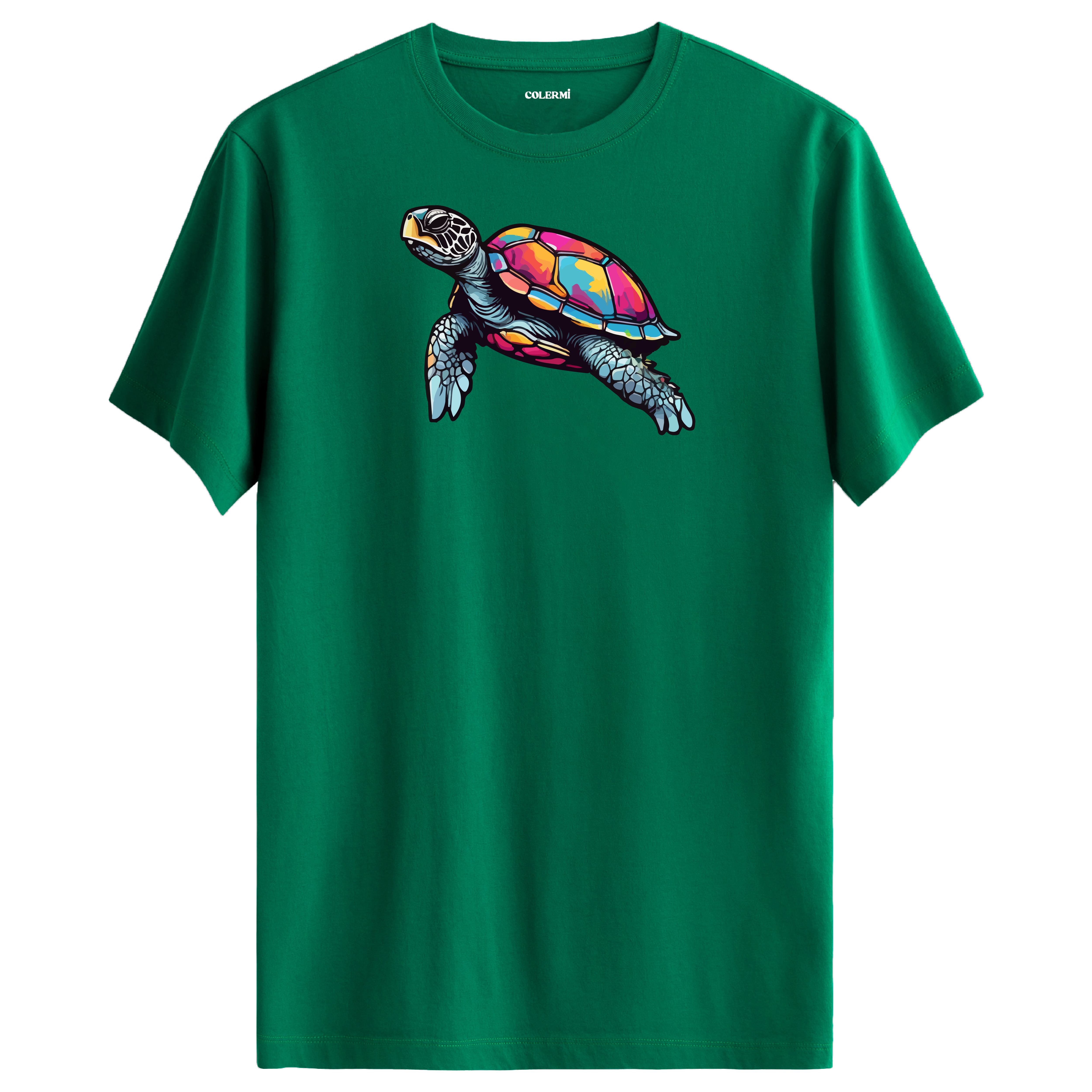 Yeşil tişört üzerinde renkli kaplumbağa tasarımı