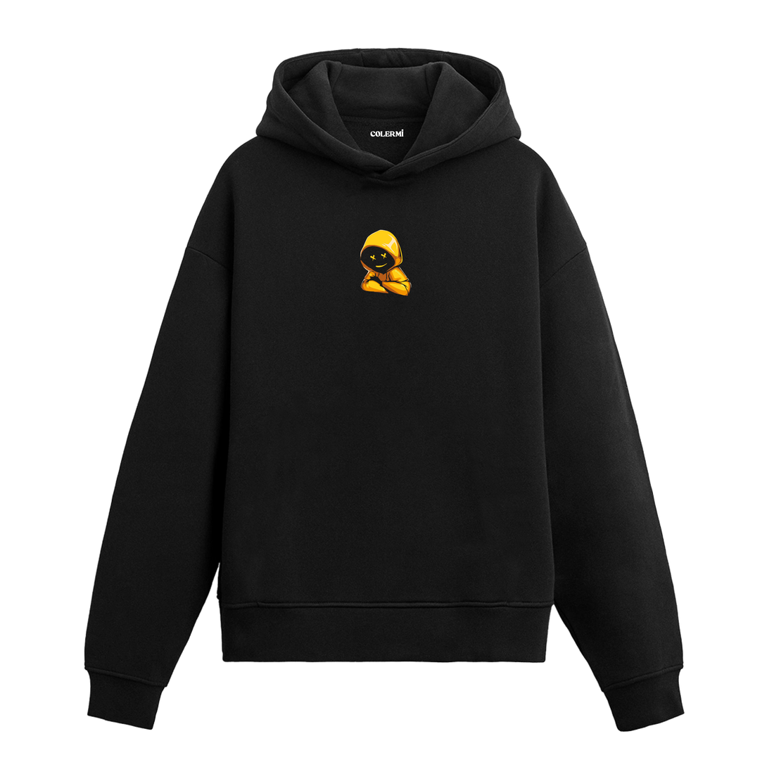 Siyah hoodie üzerinde sarı kapüşonlu gizemli karakter baskısı