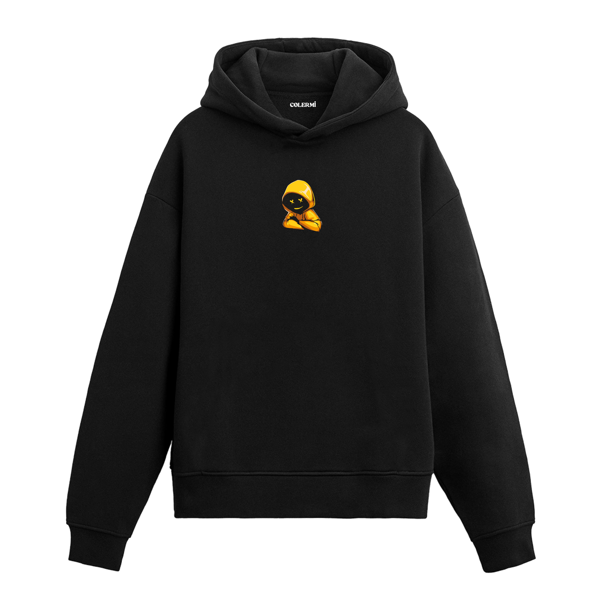 Siyah hoodie üzerinde sarı kapüşonlu gizemli karakter baskısı