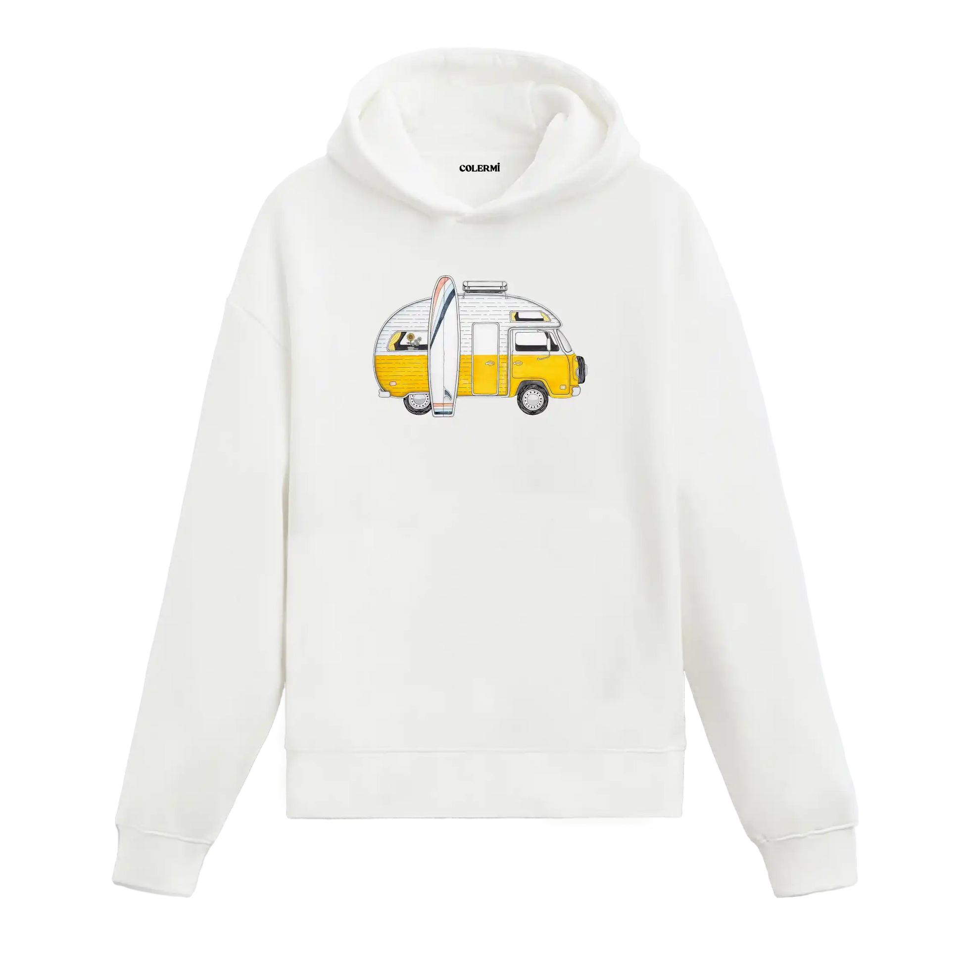 Sarı karavan ve sörf tahtası illüstrasyonlu Colermi beyaz hoodie.